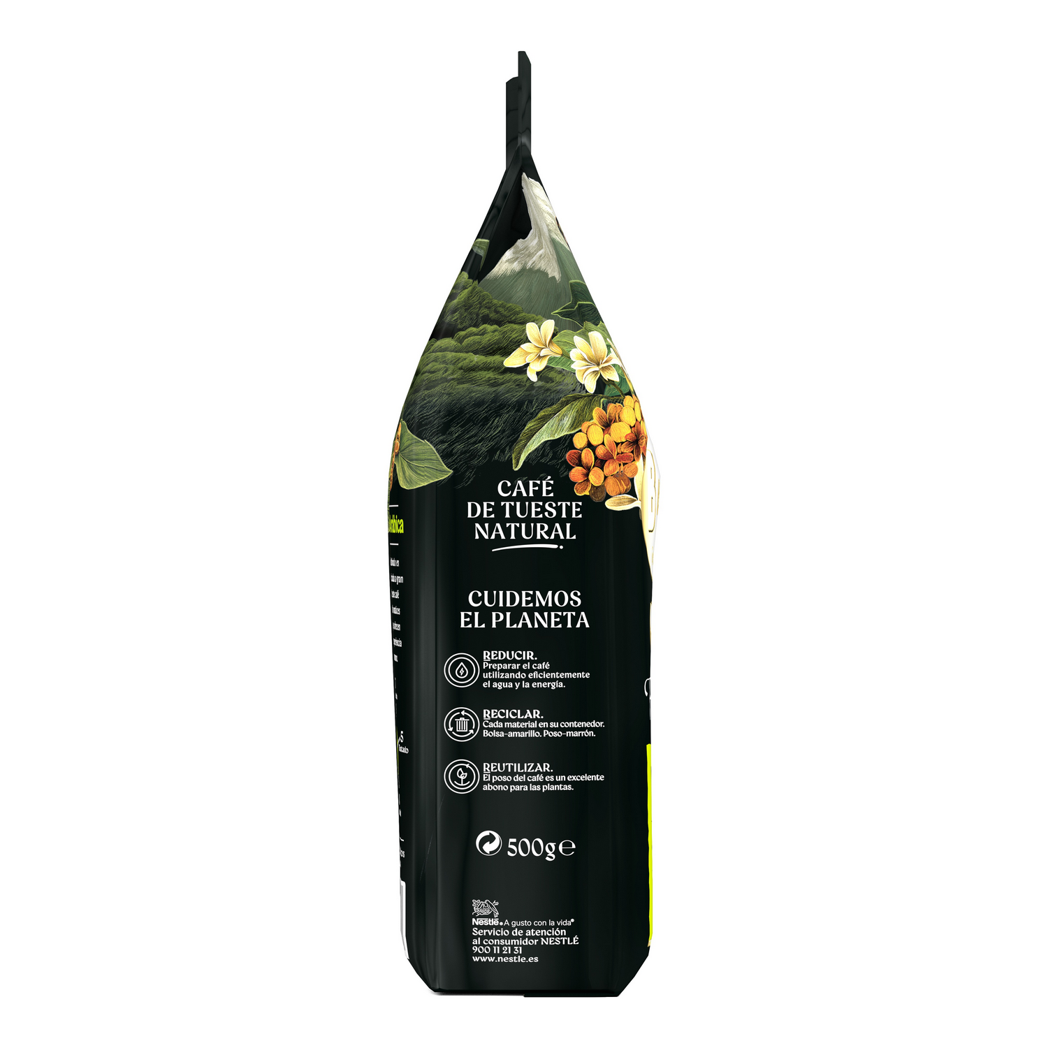 Bolsa de café con diseño floral y texto. Incluye instrucciones para reducir, reciclar y reutilizar. La bolsa es negra y verde.