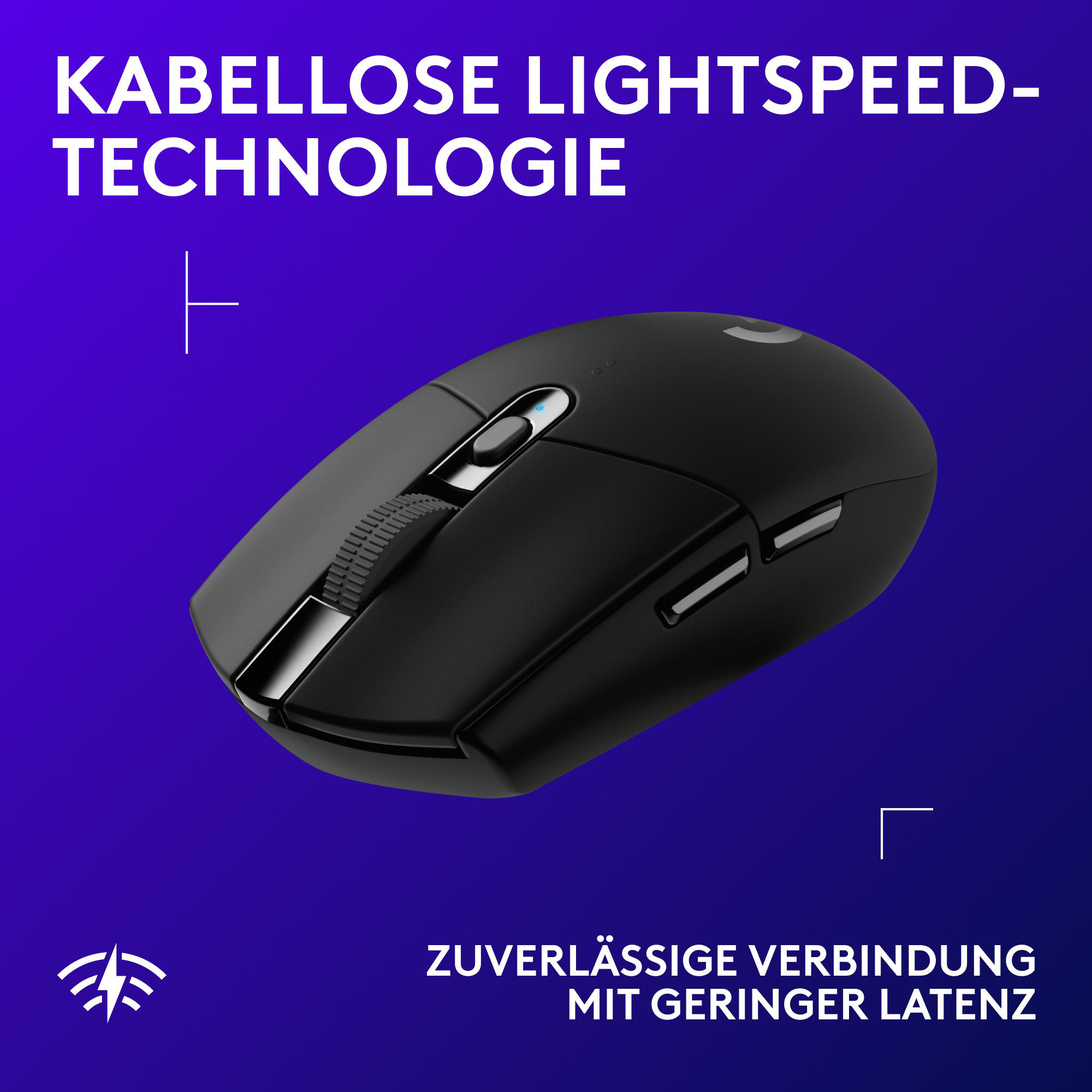 Schwarze kabellose Maus auf blauem Hintergrund. Text lautet 'KABELLOSE LIGHTSPEED-TECHNOLOGIE' und 'ZUVERLÄSSIGE VERBINDUNG'.
