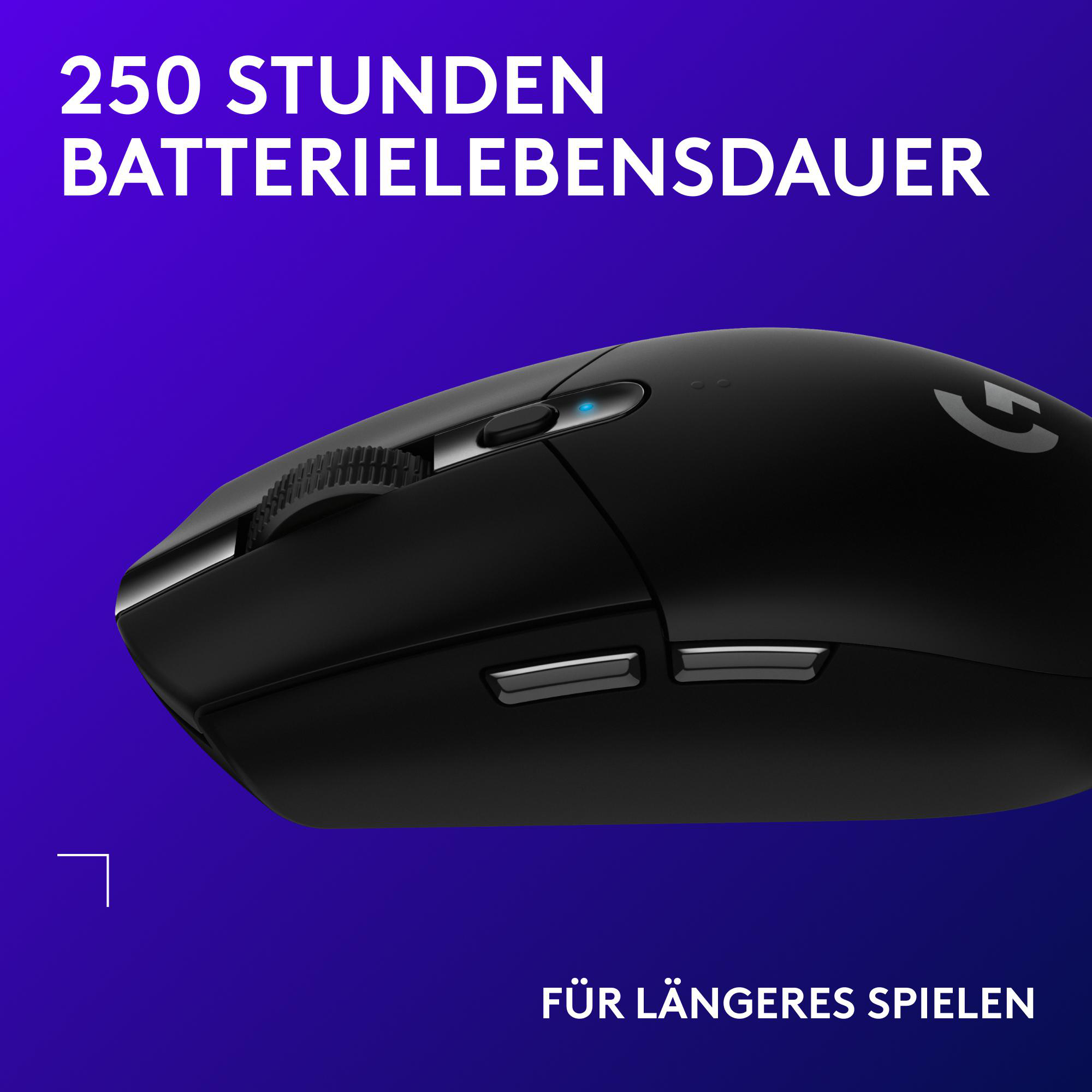 Schwarze kabellose Maus mit blauem Licht und Text. Sagt '250 Stunden Batterielebensdauer' und 'FÜR LÄNGERES SPIELEN'.