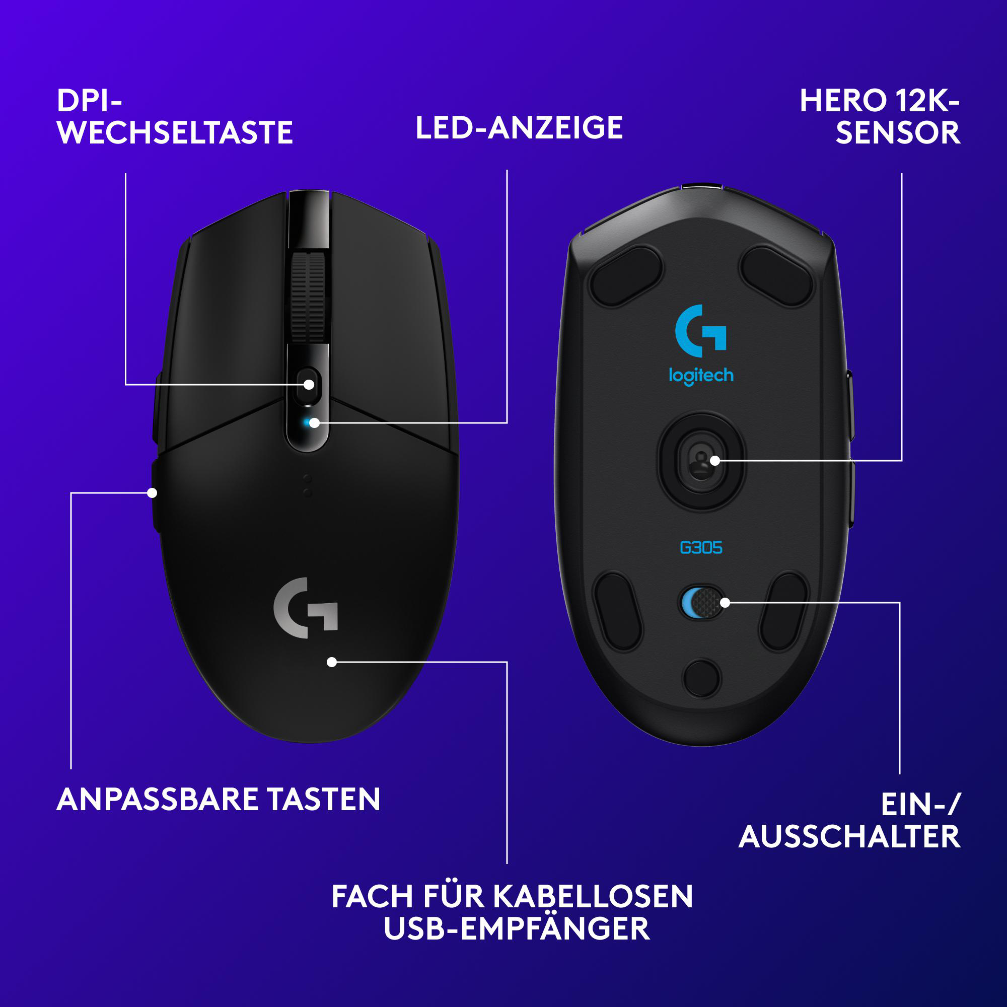 Schwarze Logitech G305 Gaming-Maus. Zeigt Ober- und Unterseite mit Beschriftungen für Funktionen wie Sensor und Tasten.