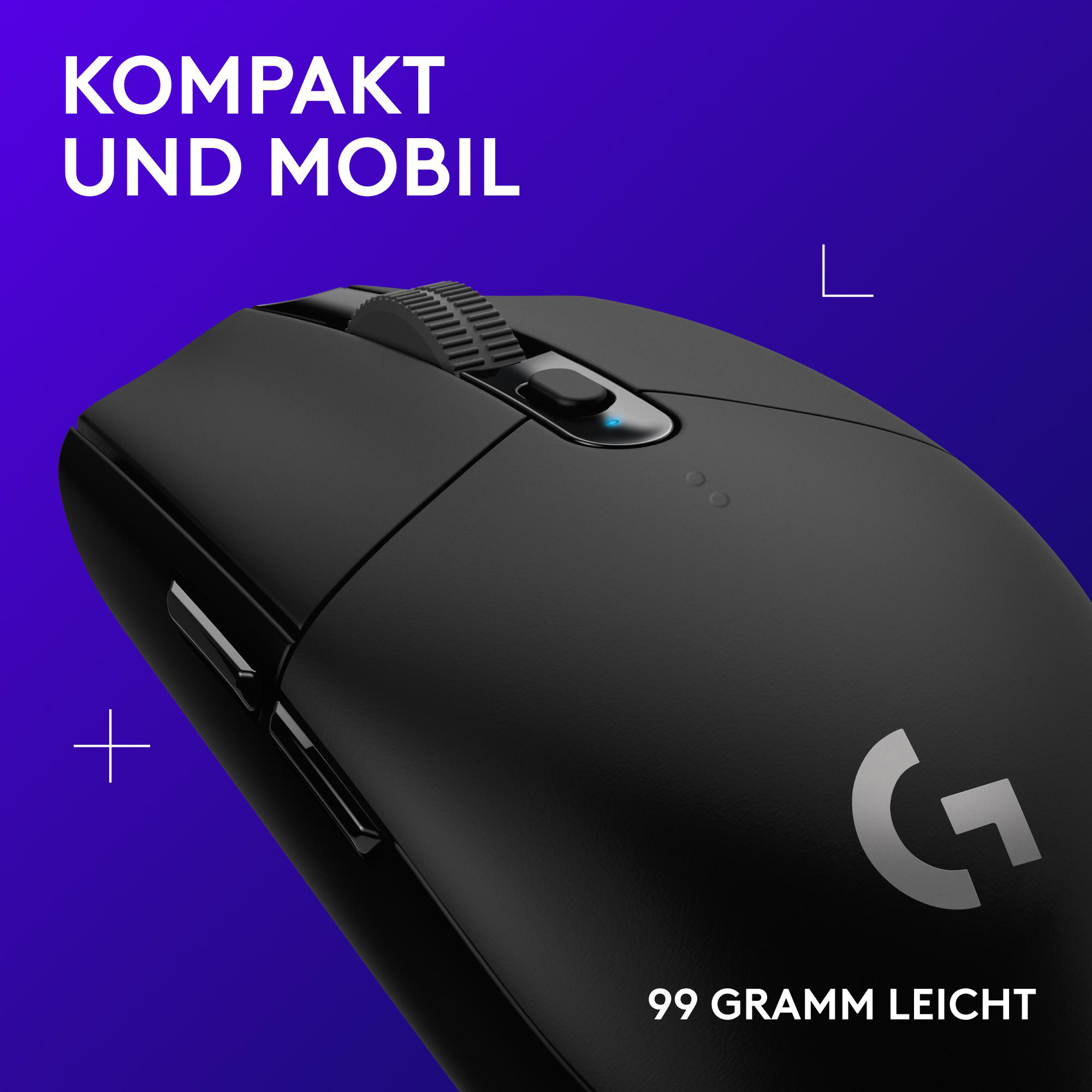 Schwarze Maus mit Scrollrad und Logo auf blauem Hintergrund. Text lautet 'KOMPAKT UND MOBIL' und '99 GRAMM LEICHT'.