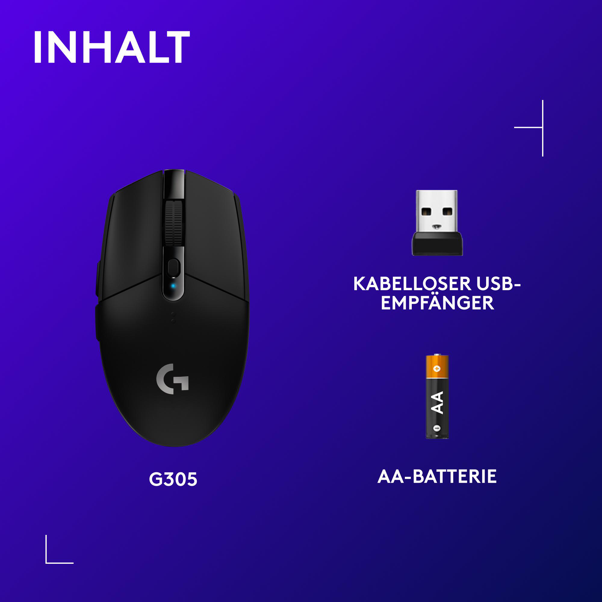 Das Bild zeigt eine schwarze Maus, einen USB-Empfänger und eine AA-Batterie auf violettem Hintergrund. Text beschreibt sie.