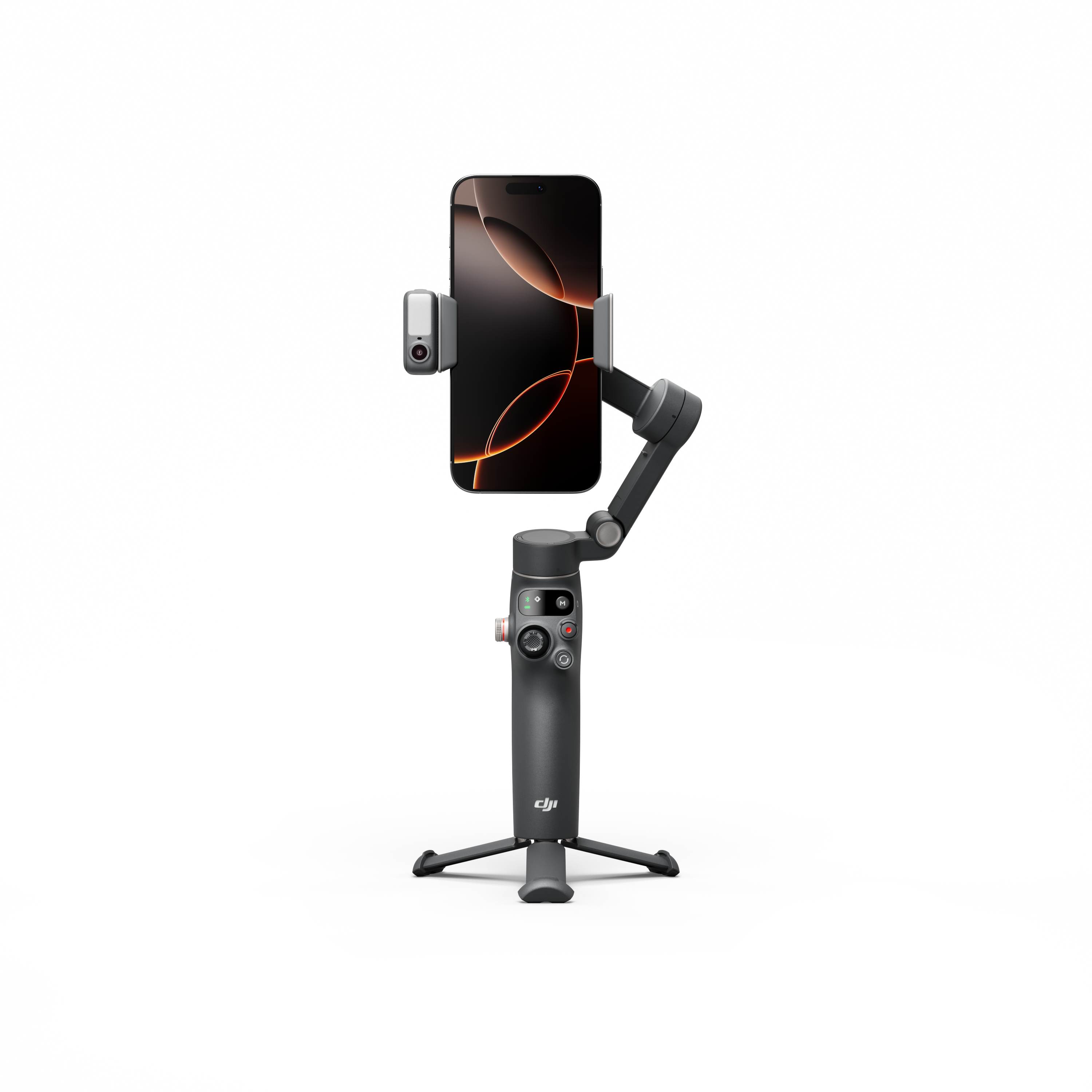 Smartphone auf grauem Gimbal-Stabilisator vor schwarzem Hintergrund. Das Telefon zeigt ein orangefarbenes Bild.