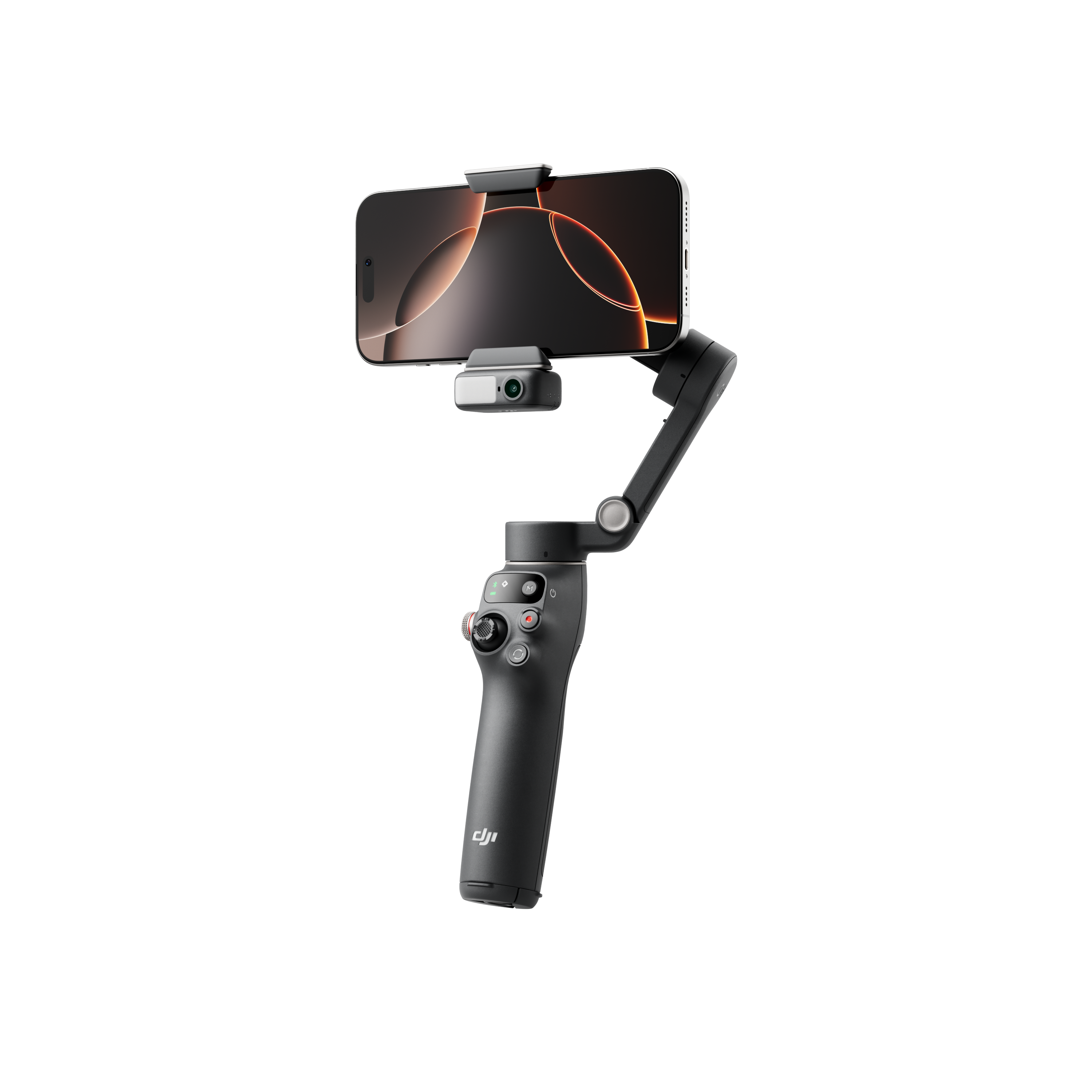 Ein schwarzer Smartphone-Stabilisator mit befestigtem Telefon. Das Telefon zeigt ein orangefarbenes Muster auf schwarzem Grund.