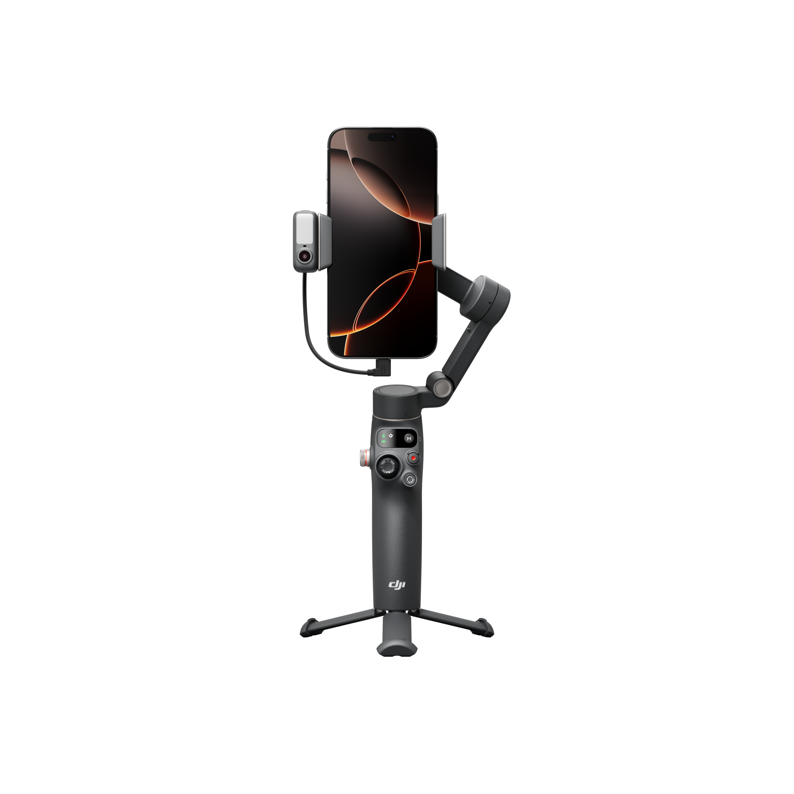 Ein Smartphone auf einem grauen DJI-Stabilisator mit kleinem Stativfuß, vor schwarzem Hintergrund.