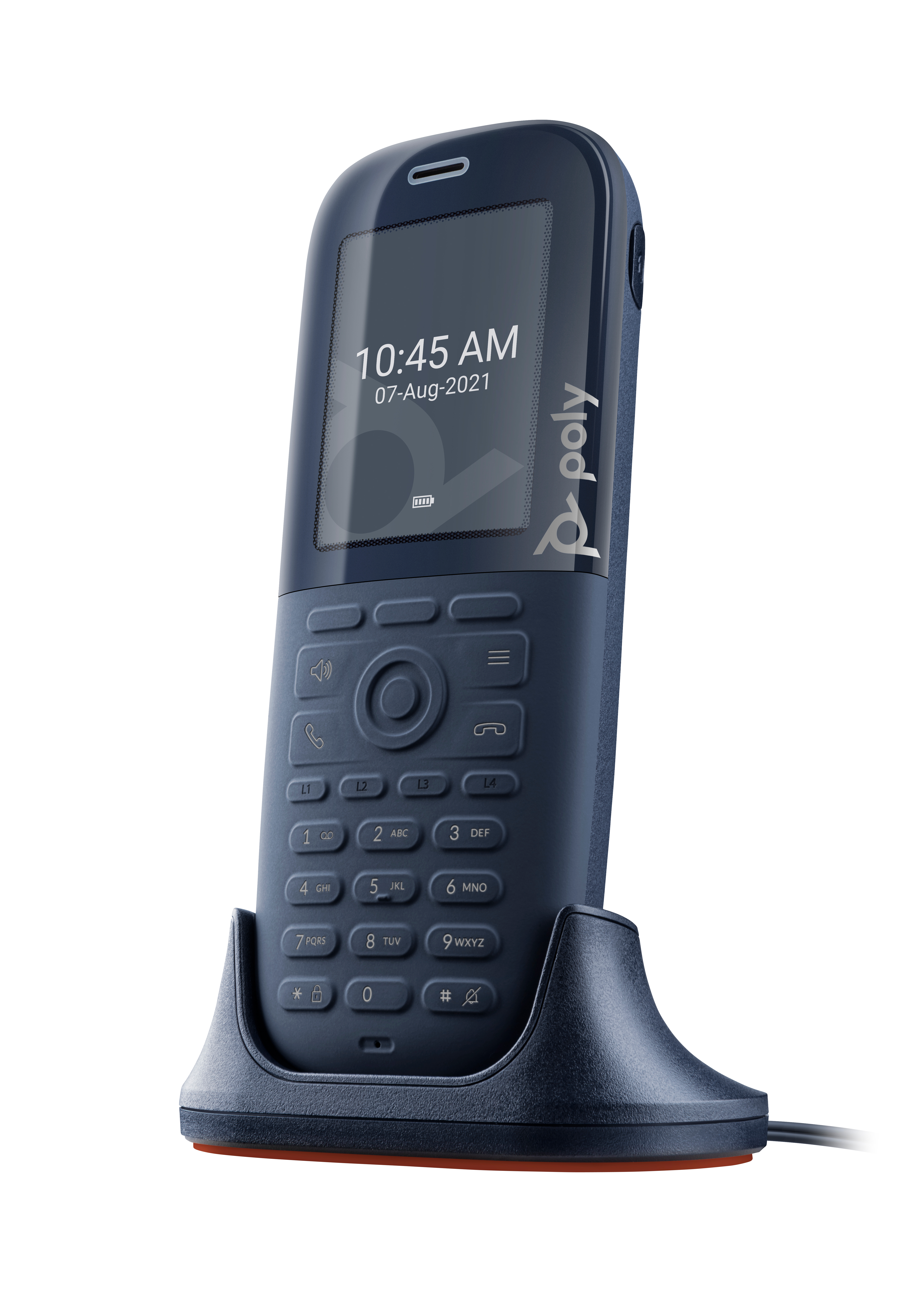 Ein blaues Telefon in seiner Ladestation. Der Bildschirm zeigt Uhrzeit und Datum. Das Telefon hat eine Tastatur und ein Poly-Logo.