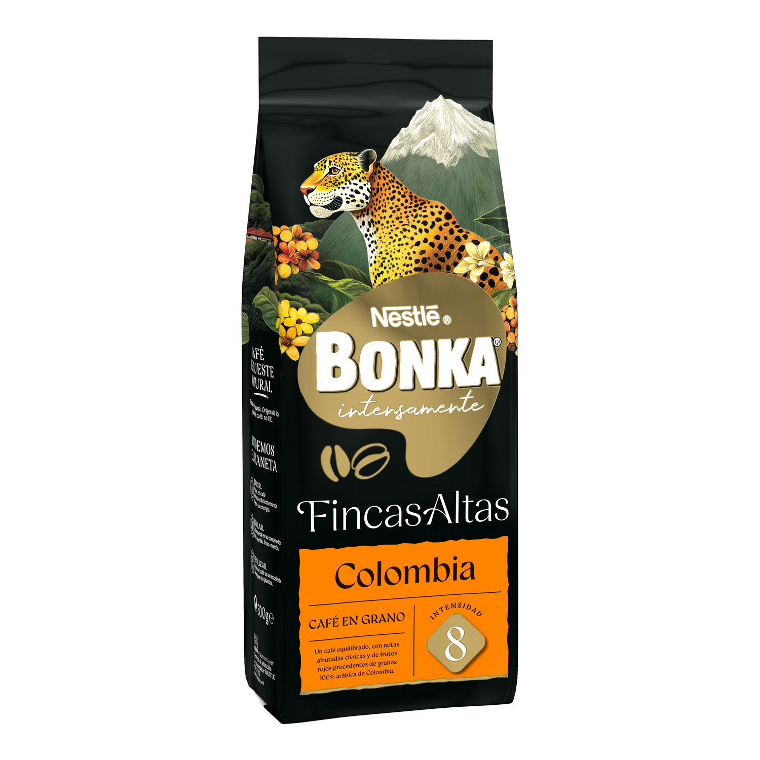 Bolsa de café con un jaguar, montaña y flores. Marca 'Bonka', con 'Colombia' y nivel de intensidad 8.