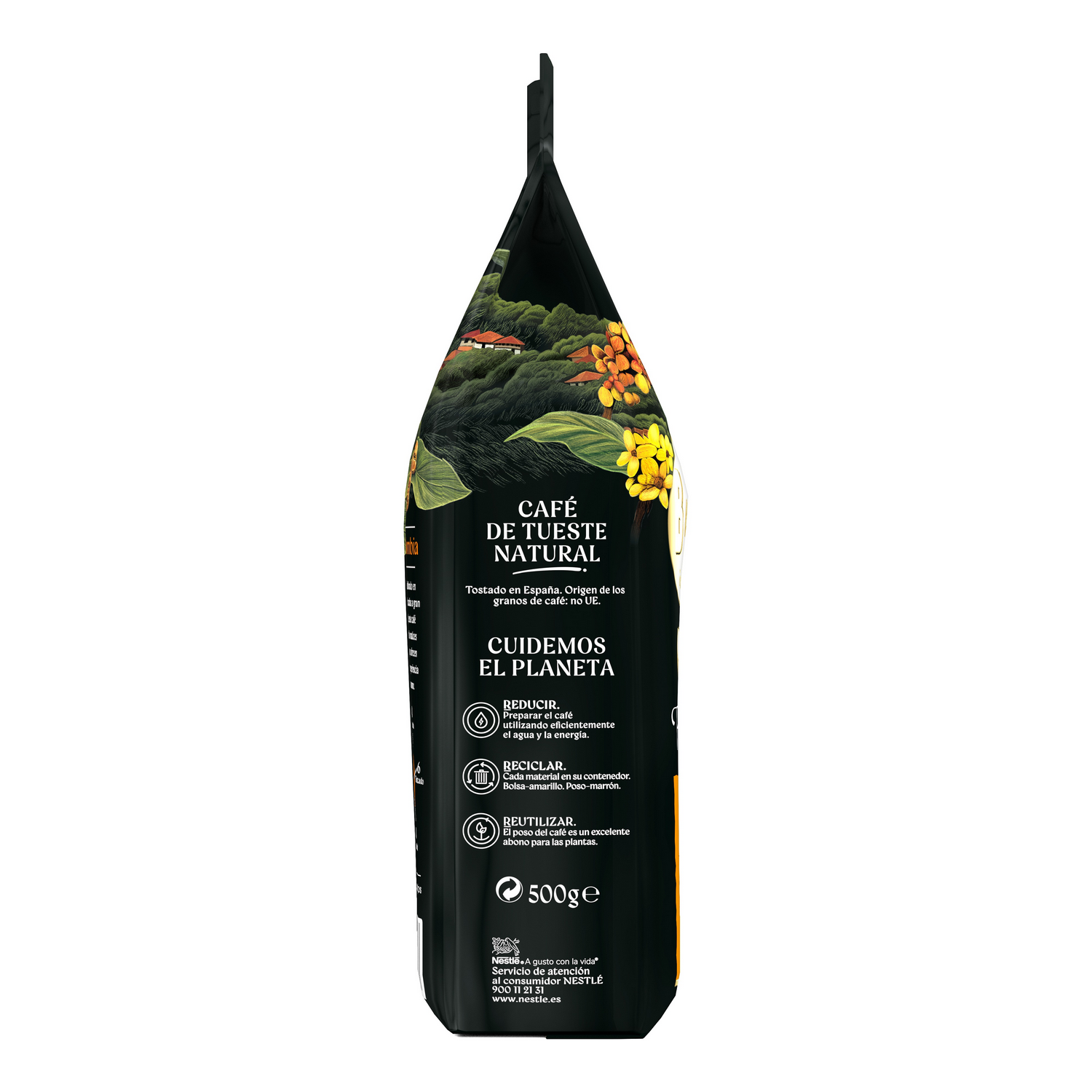 Bolsa de café negra con texto e imágenes. Contiene una ilustración de montaña. El texto incluye 'Café de Tueste Natural' y '500ge'.