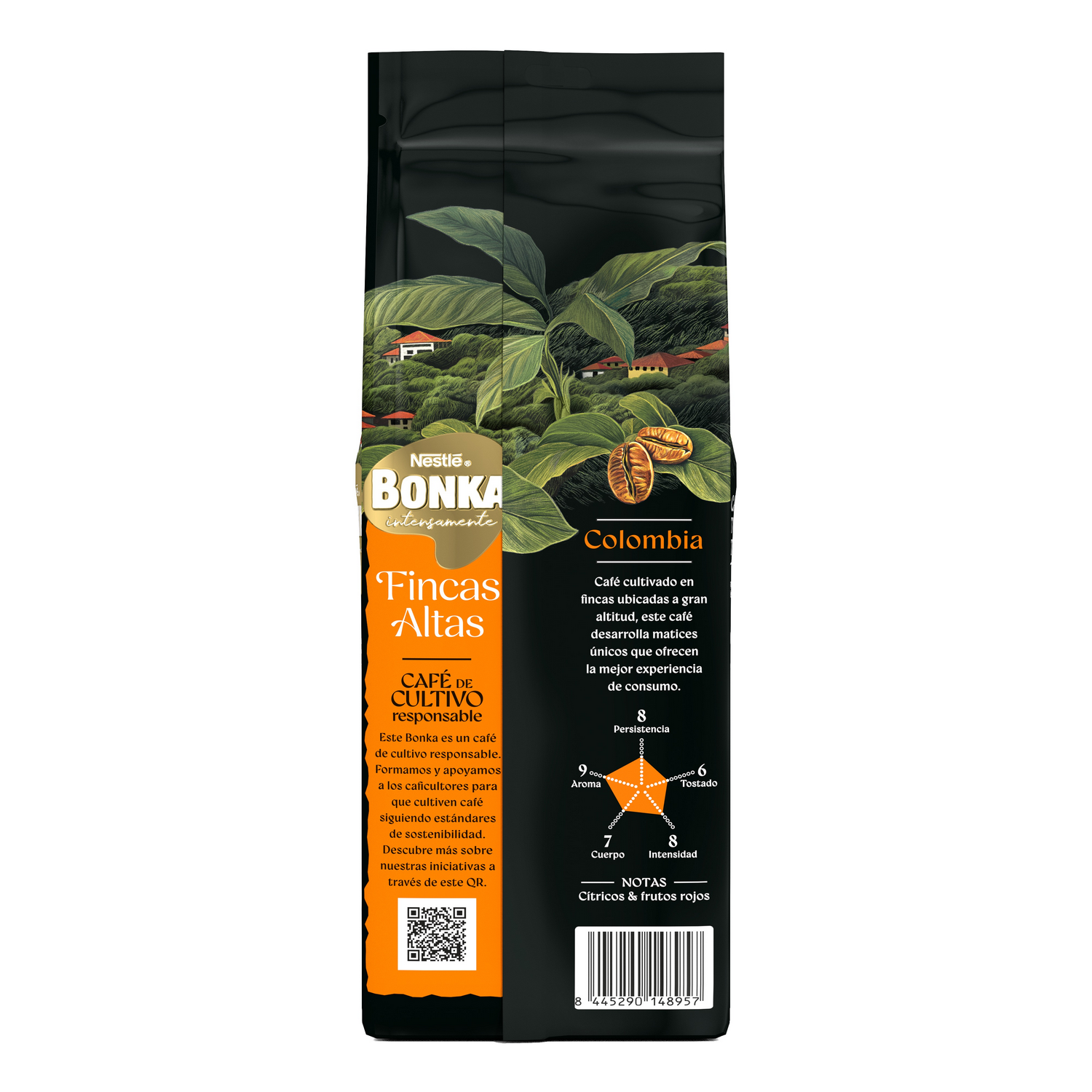 Bolsa de café con logo Bonka, origen colombiano. Ilustraciones de plantas de café y granjas, con texto sobre notas de sabor.