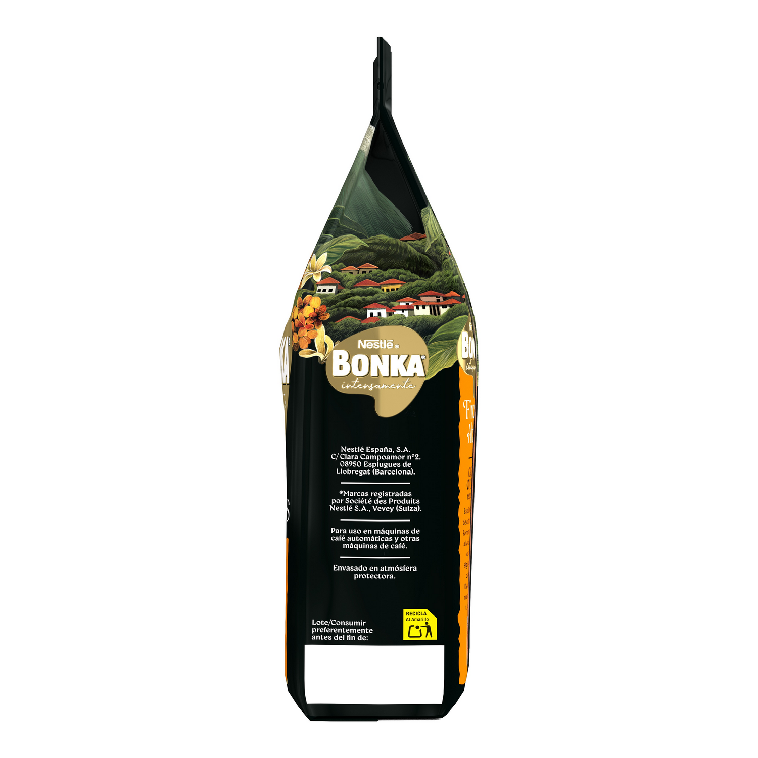 Una bolsa de café con el logo de Bonka y una escena de montaña. La bolsa es negra con detalles en naranja y dorado, y texto.