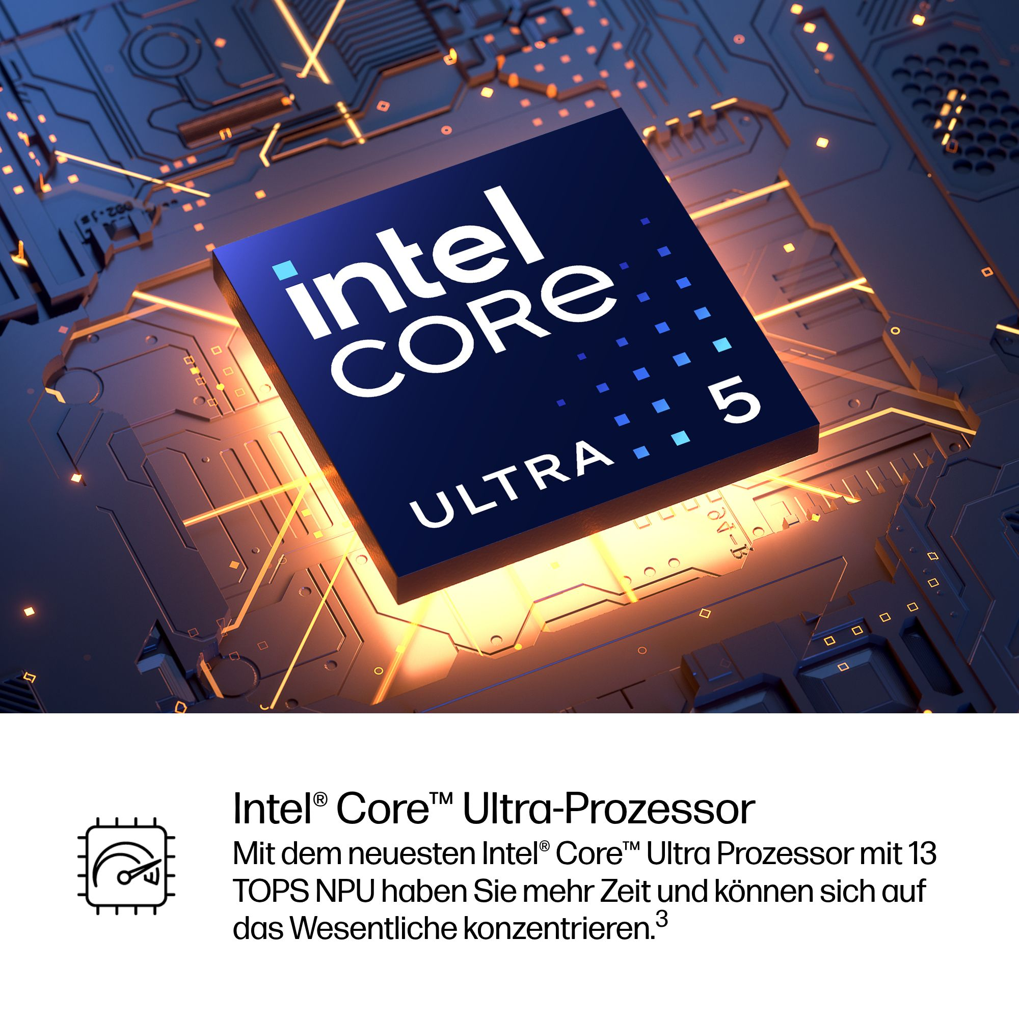 Intel Core Ultra Prozessor-Chip. Blaues und schwarzes Design mit weißem Text, auf Leiterplattenhintergrund mit orangen Lichtern.