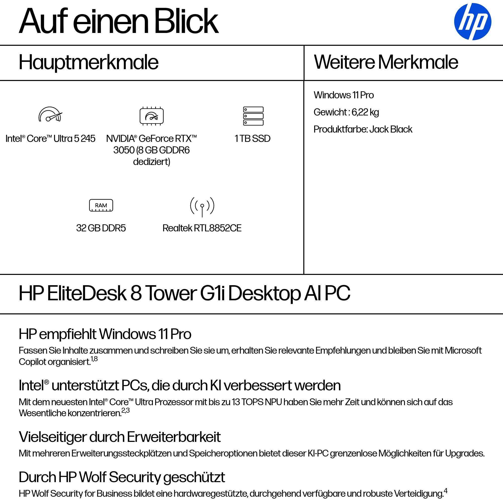 Werbung für HP EliteDesk 8 Tower G1i Desktop AI PC. Merkmale: Intel Ultra 5 245, NVIDIA RTX 3050, 1 TB SSD.