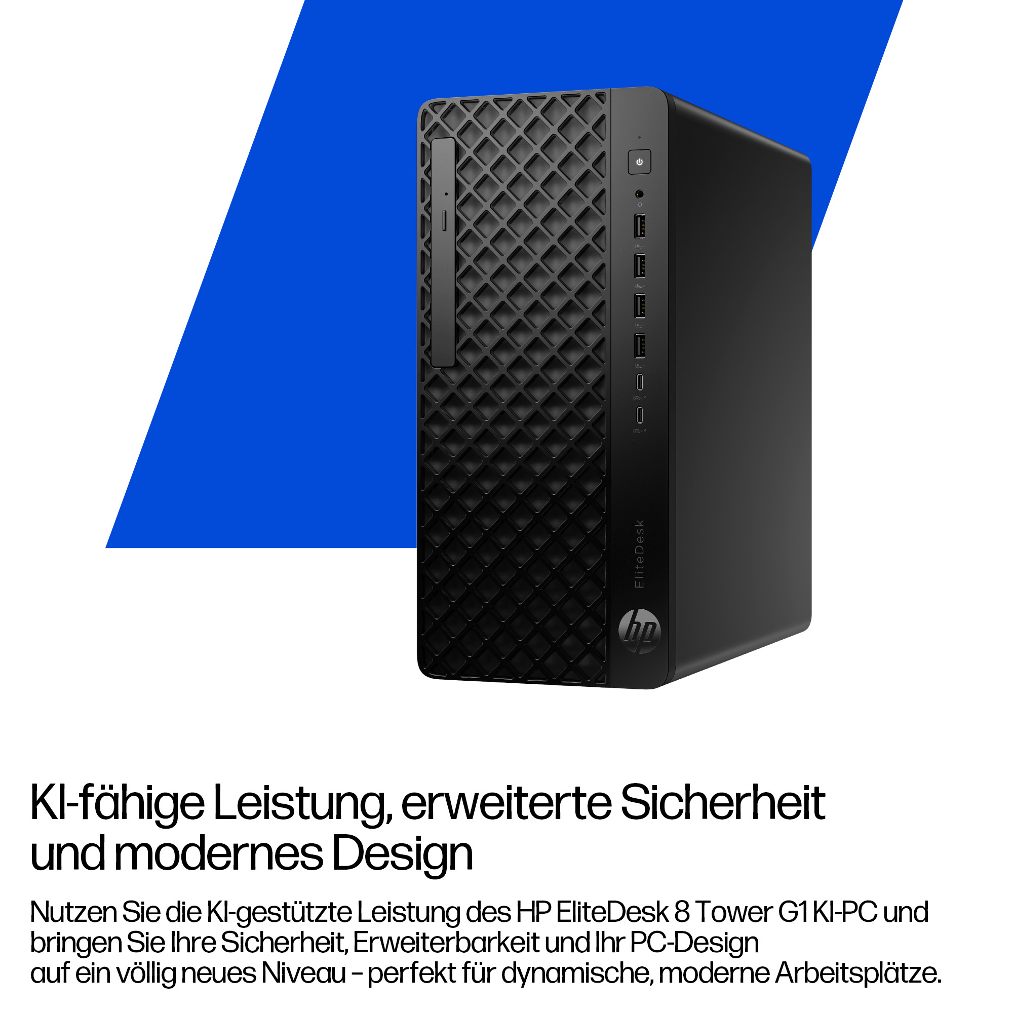 Schwarzer HP EliteDesk PC-Tower mit blauem und weißem Hintergrund. Text in deutscher Sprache bewirbt die Funktionen.