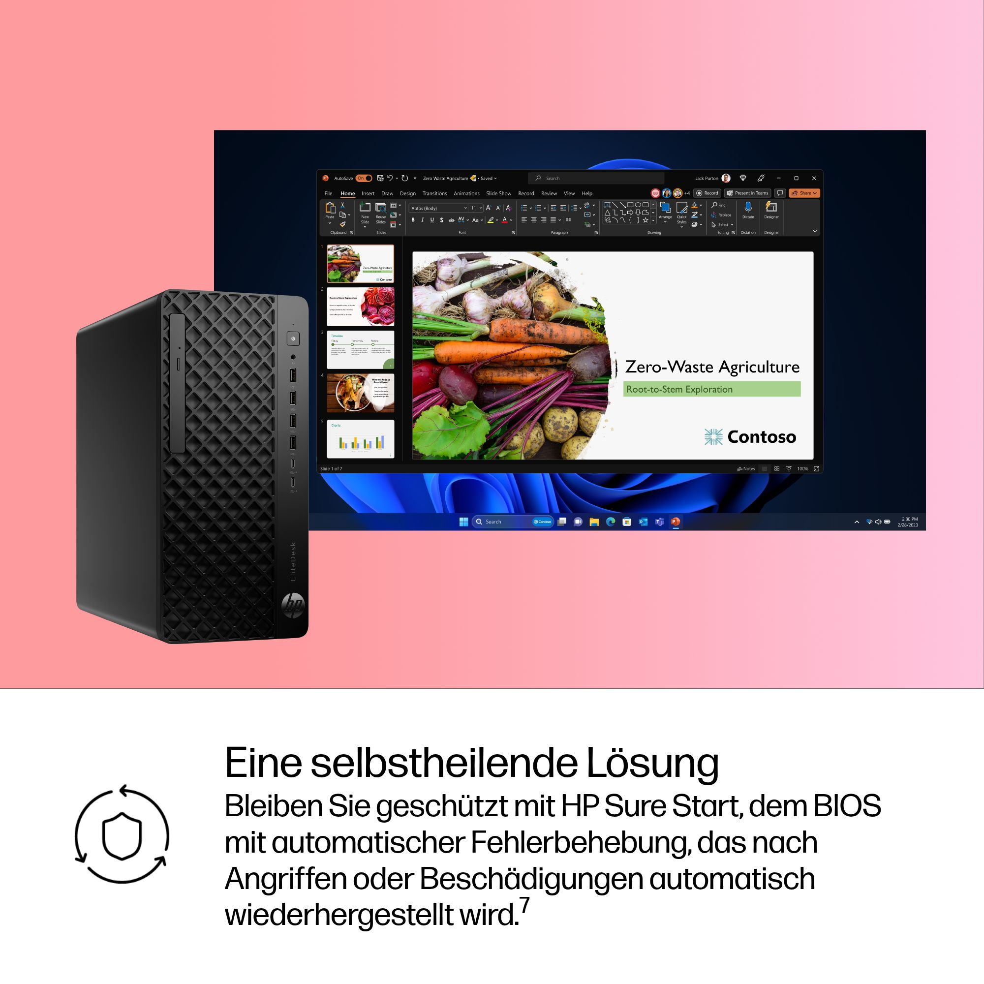 Ein schwarzer Desktop-Computer neben einem Bildschirm mit einer Präsentation über Zero-Waste-Landwirtschaft.