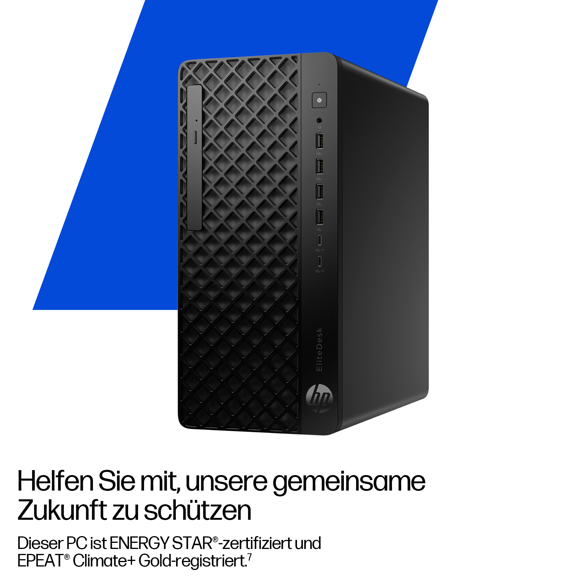 Schwarzer HP EliteDesk PC auf weißem Hintergrund, blaues Dreieck. Text: Helfen Sie, unsere Zukunft zu schützen. ENERGY STAR zertifiziert, EPEAT Gold.