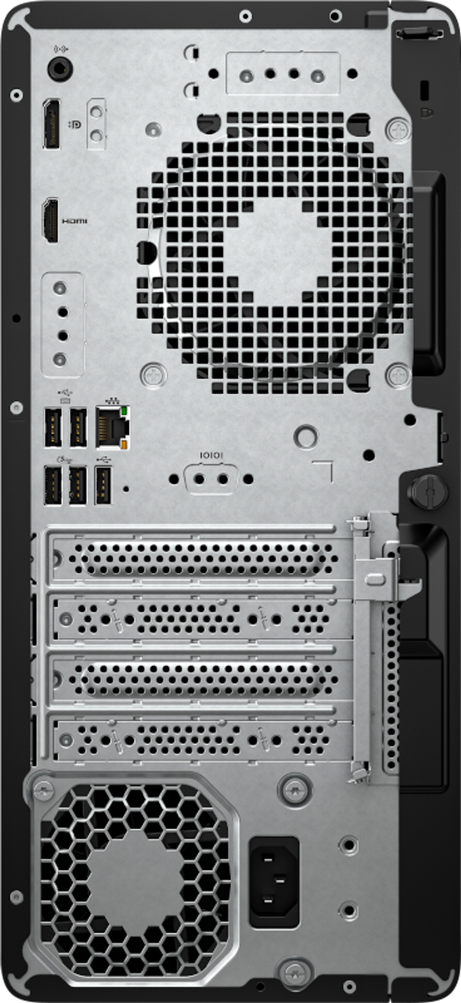 Die Rückseite eines Computers. Es hat verschiedene Anschlüsse, einen Lüfter und Lüftungsschlitze. Das Gehäuse ist silber und schwarz.