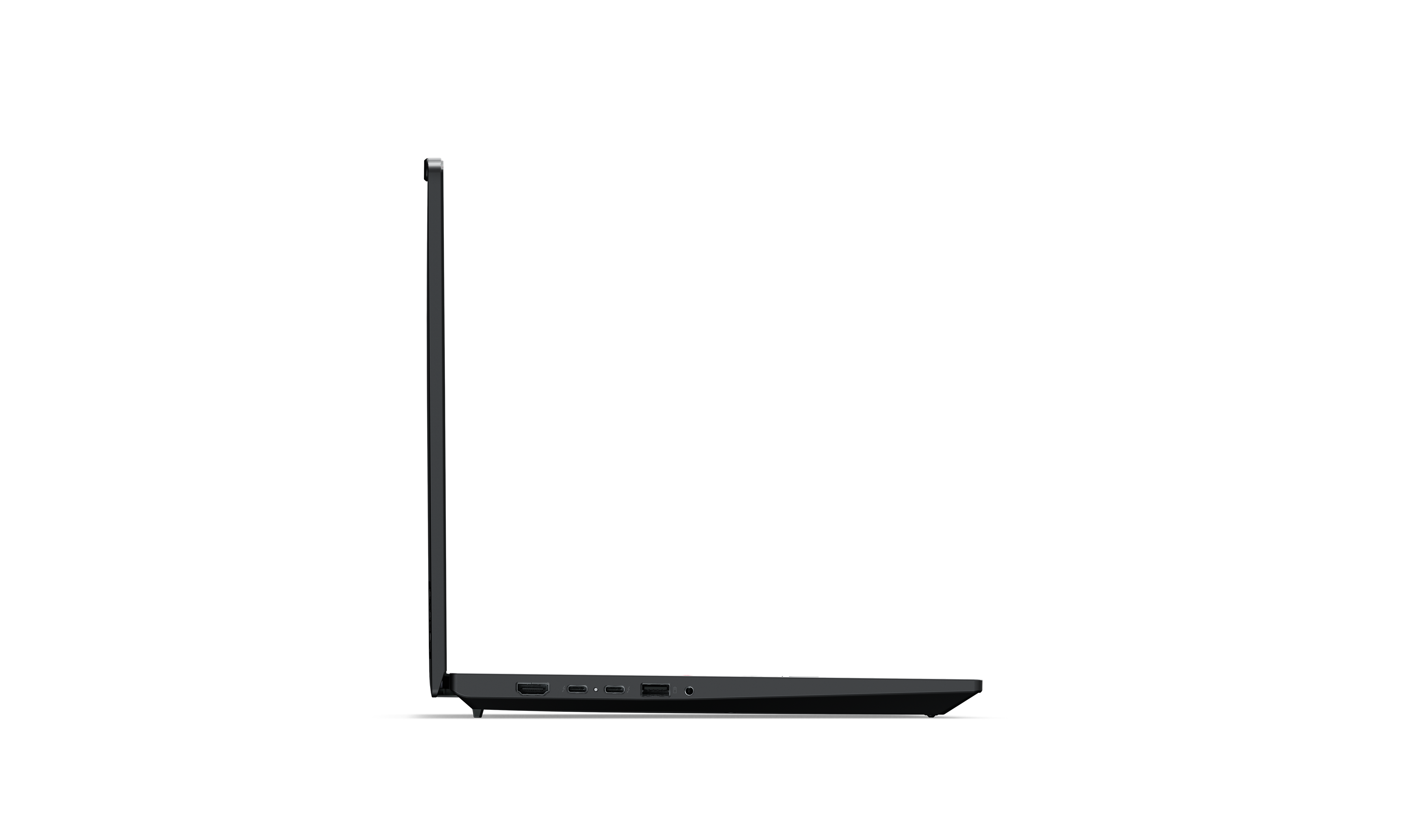 Seitenansicht eines schwarzen Laptops. Der Bildschirm ist geschlossen. Anschlüsse sind an der Seite sichtbar.