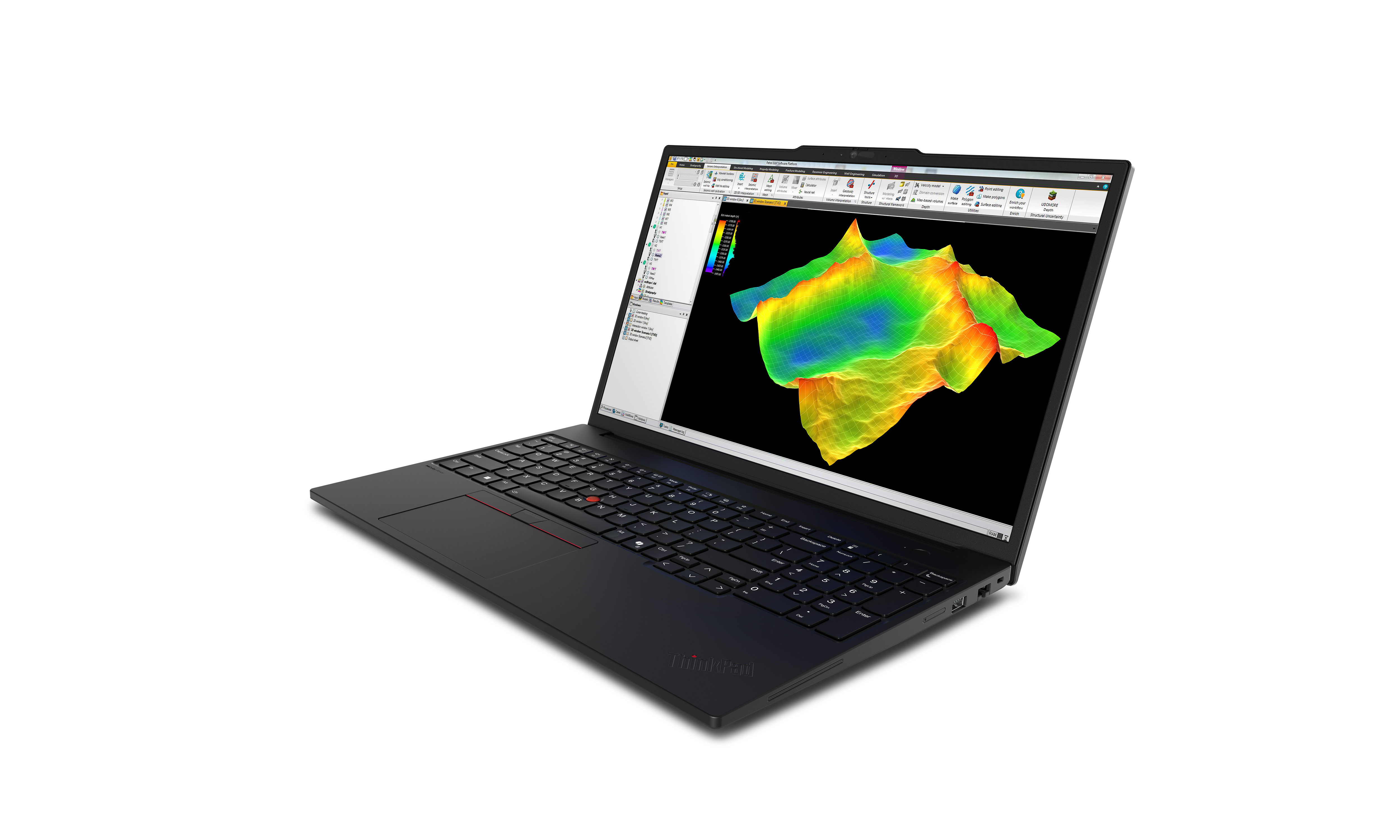 Ein schwarzer Laptop zeigt eine 3D-Oberflächenkarte in Grün, Gelb und Blau vor schwarzem Hintergrund.