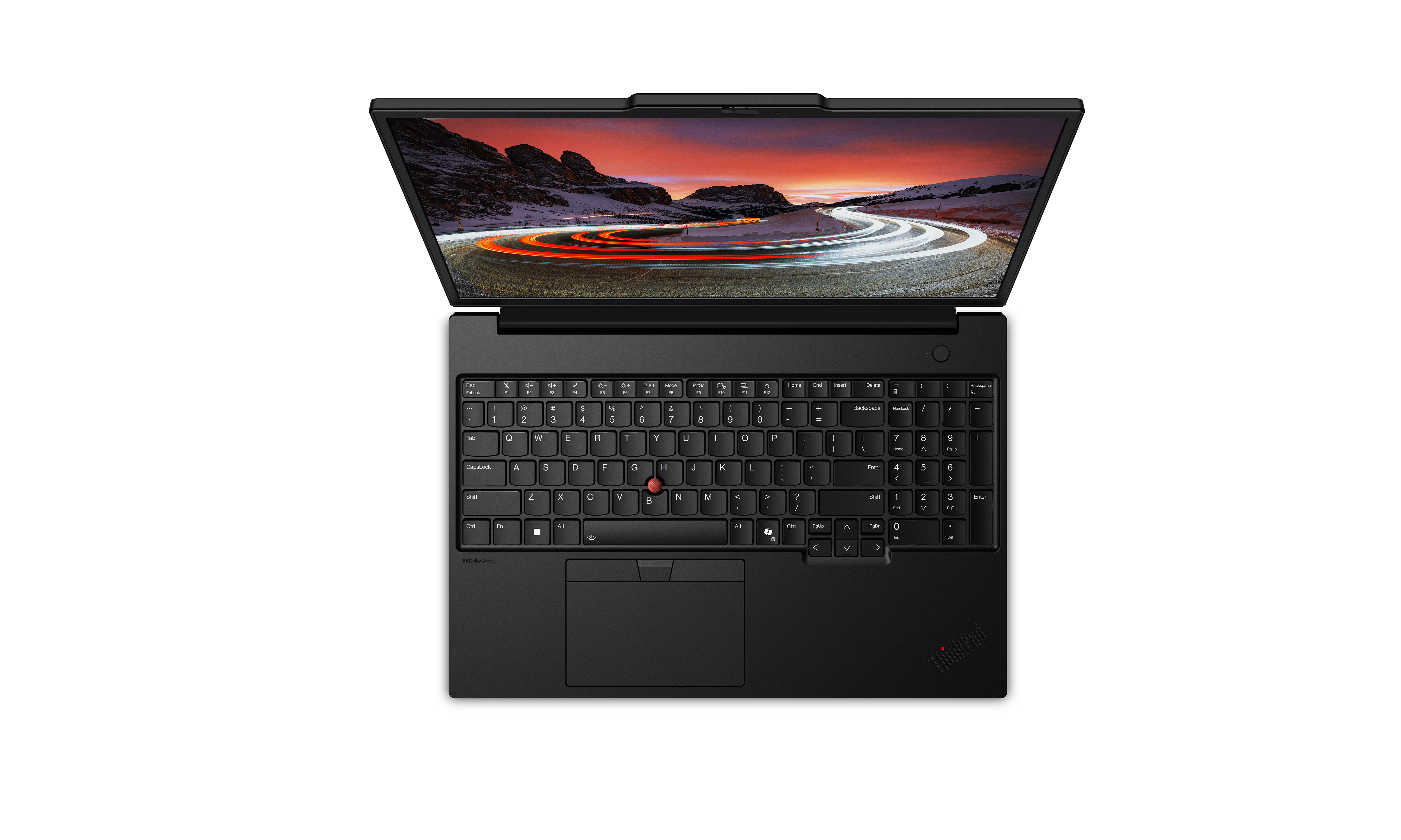 Schwarzer Thinkpad-Laptop geöffnet, Tastatur und Bildschirm sichtbar. Bildschirm zeigt Straße mit Bewegungsunschärfe.