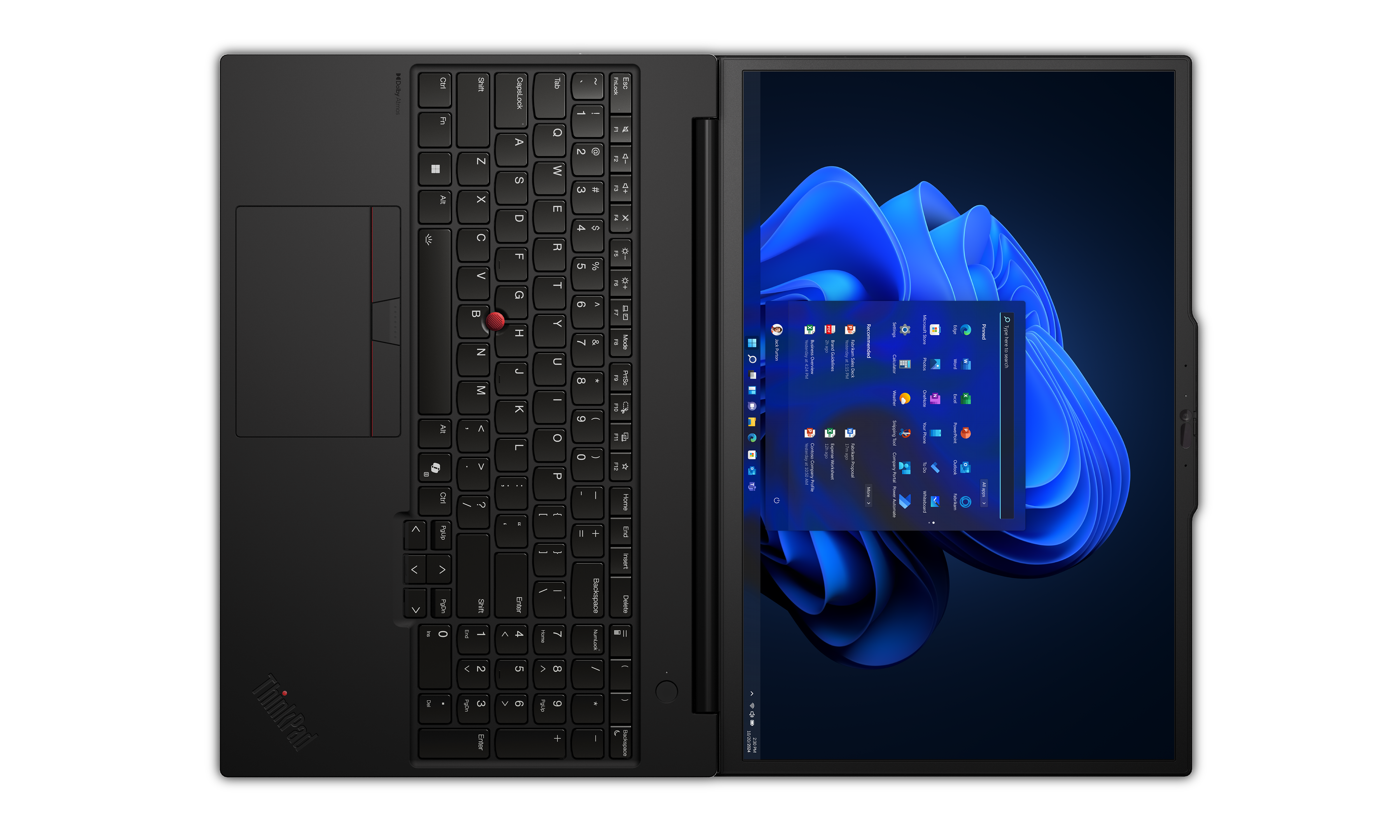Schwarzer ThinkPad-Laptop, geöffnet, mit Tastatur und Windows 11-Oberfläche mit App-Symbolen.