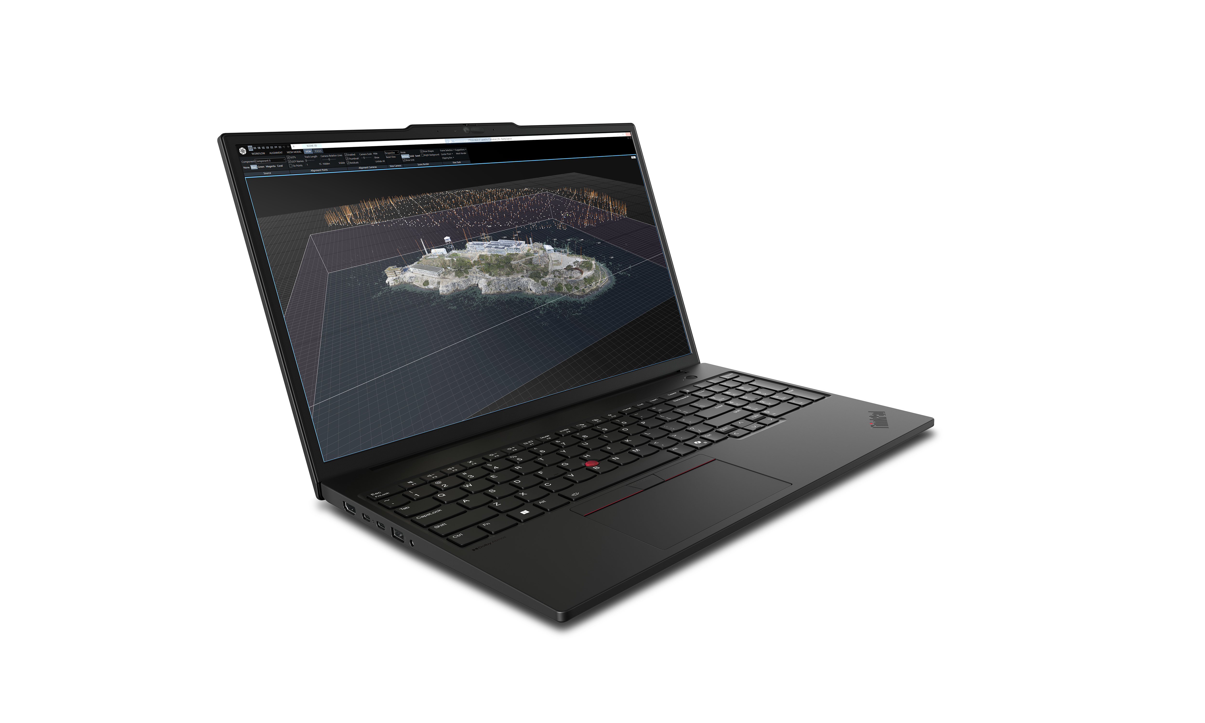 Ein schwarzer Laptop zeigt ein 3D-Modell einer Insel auf dem Bildschirm. Die Tastatur ist sichtbar.