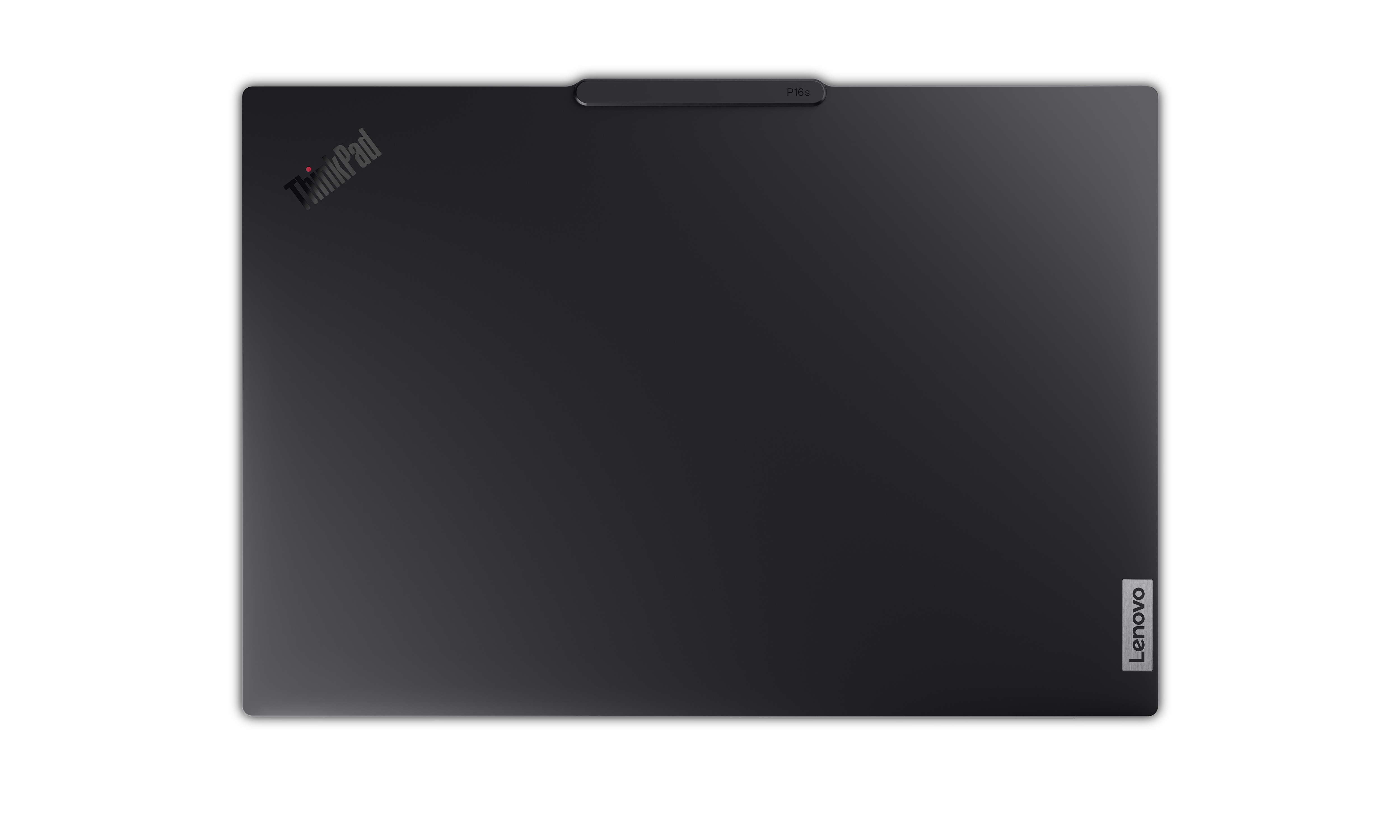 Ein schwarzes ThinkPad-Laptop. Das ThinkPad-Logo befindet sich oben links und Lenovo unten rechts. P16s steht oben.