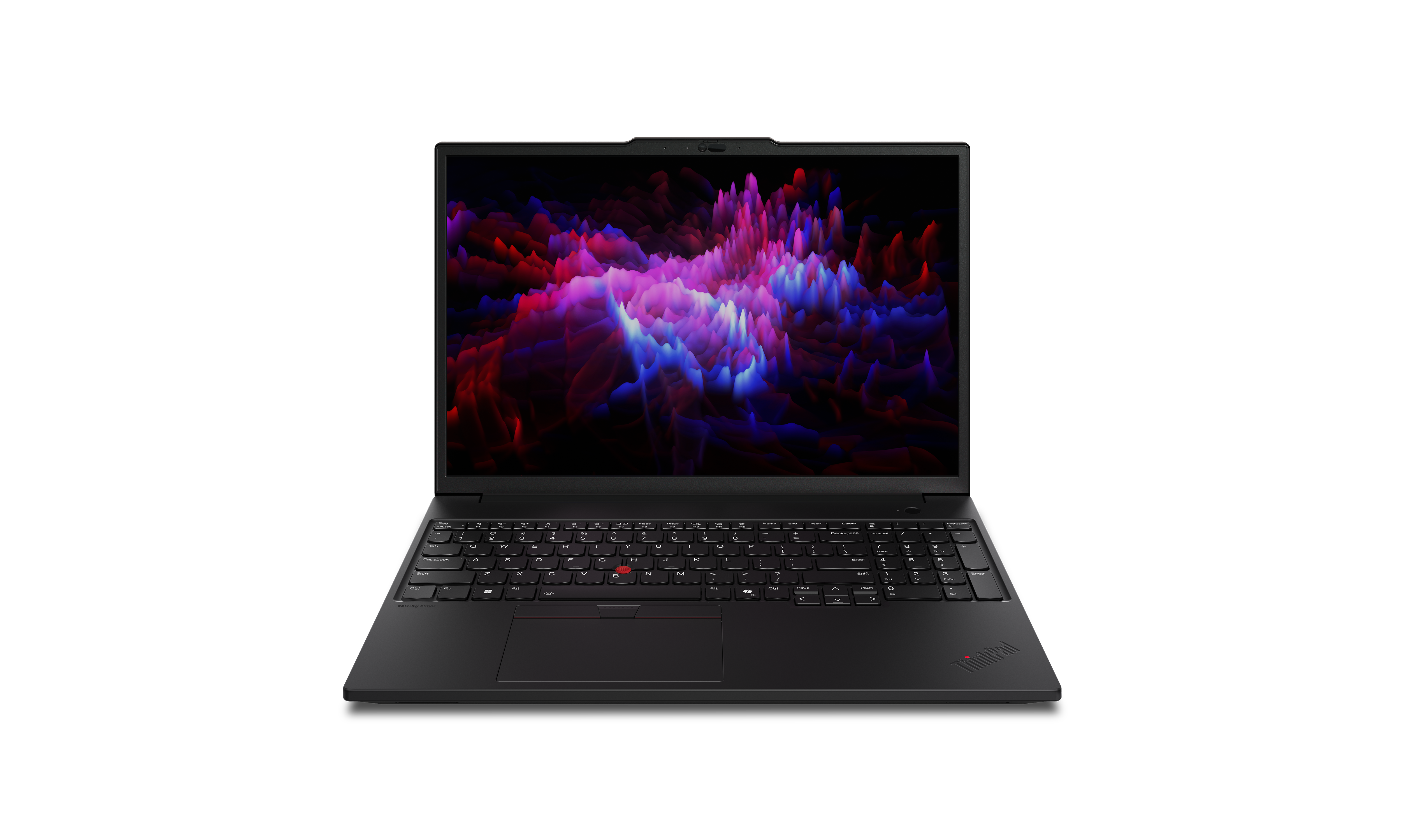 Ein schwarzer Laptop mit farbenfroher Bildschirmanzeige vor schwarzem Hintergrund. Tastatur und Touchpad sind sichtbar.