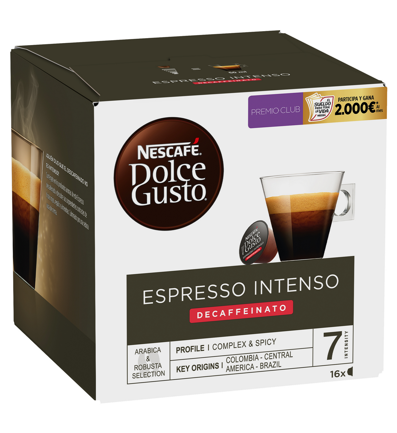 Caja de Nescafe Dolce Gusto Espresso Intenso Decaffeinato. Se ve una taza de café con café dentro.