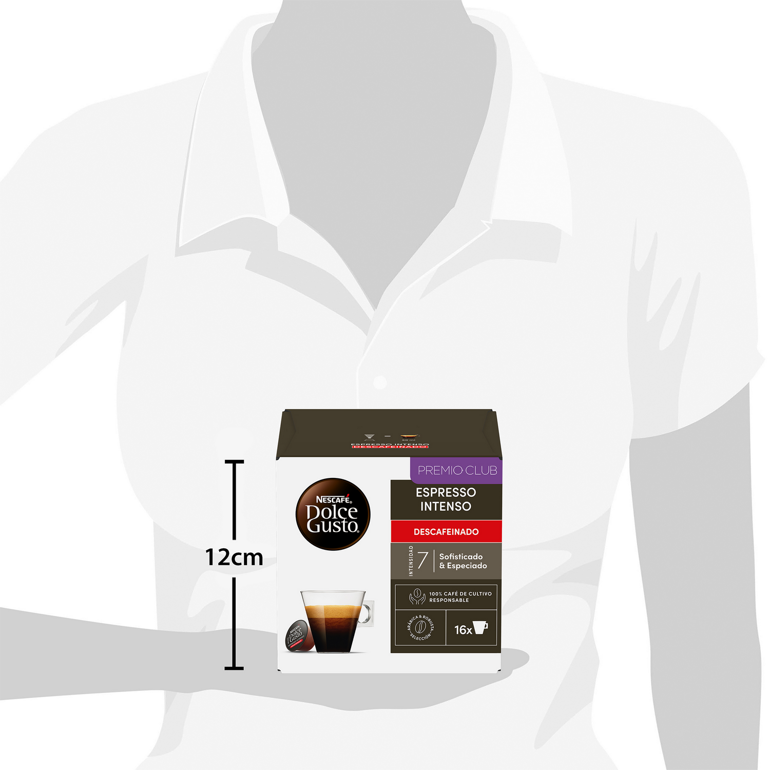 Una persona sostiene una caja de café. La caja tiene el logotipo de Dolce Gusto, el nombre del producto y la descripción. Mide 12 cm de alto.