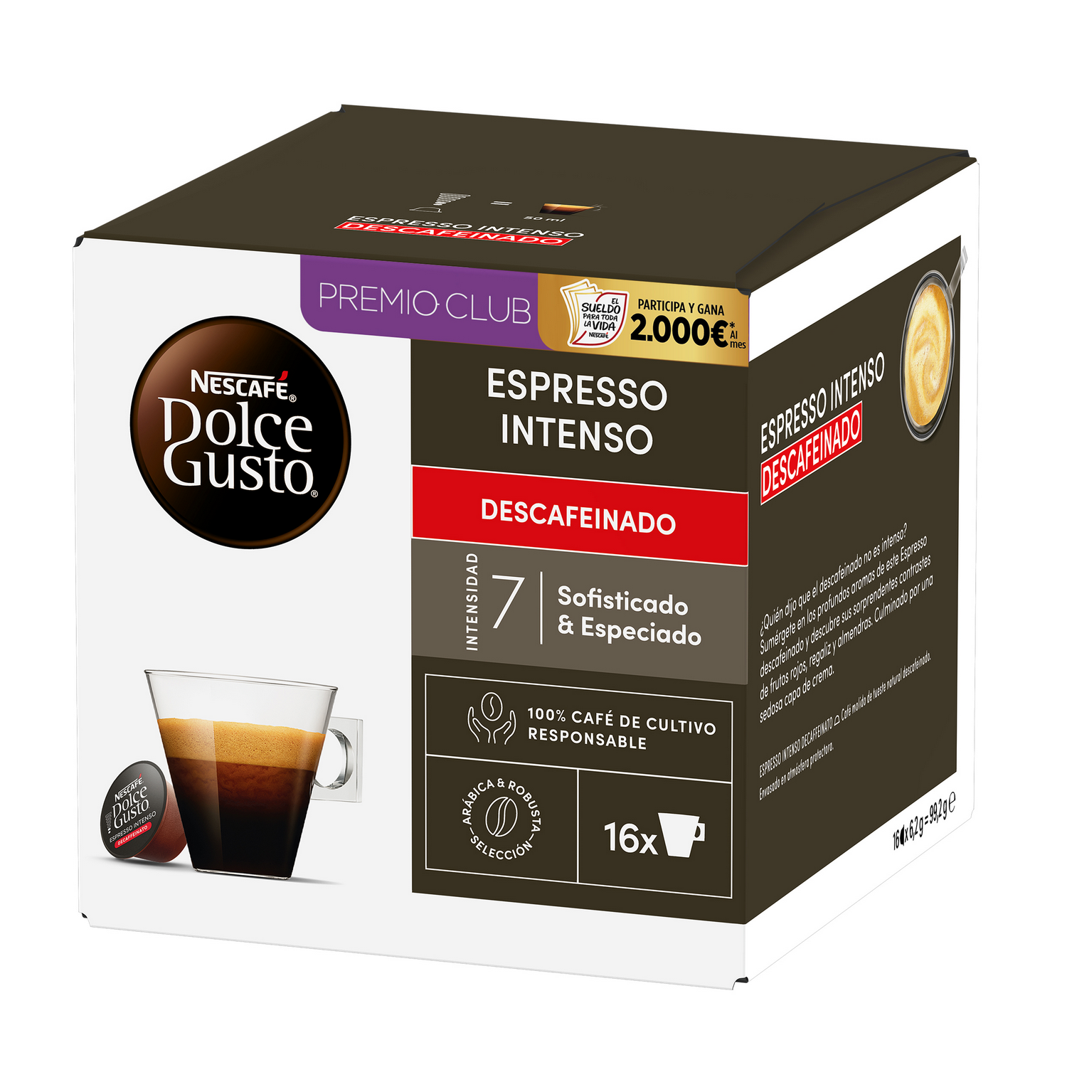 Caja de Nescafe Dolce Gusto Espresso Intenso Descafeinado. Se muestra un vaso de café y una cápsula de café. La caja tiene texto y gráficos.