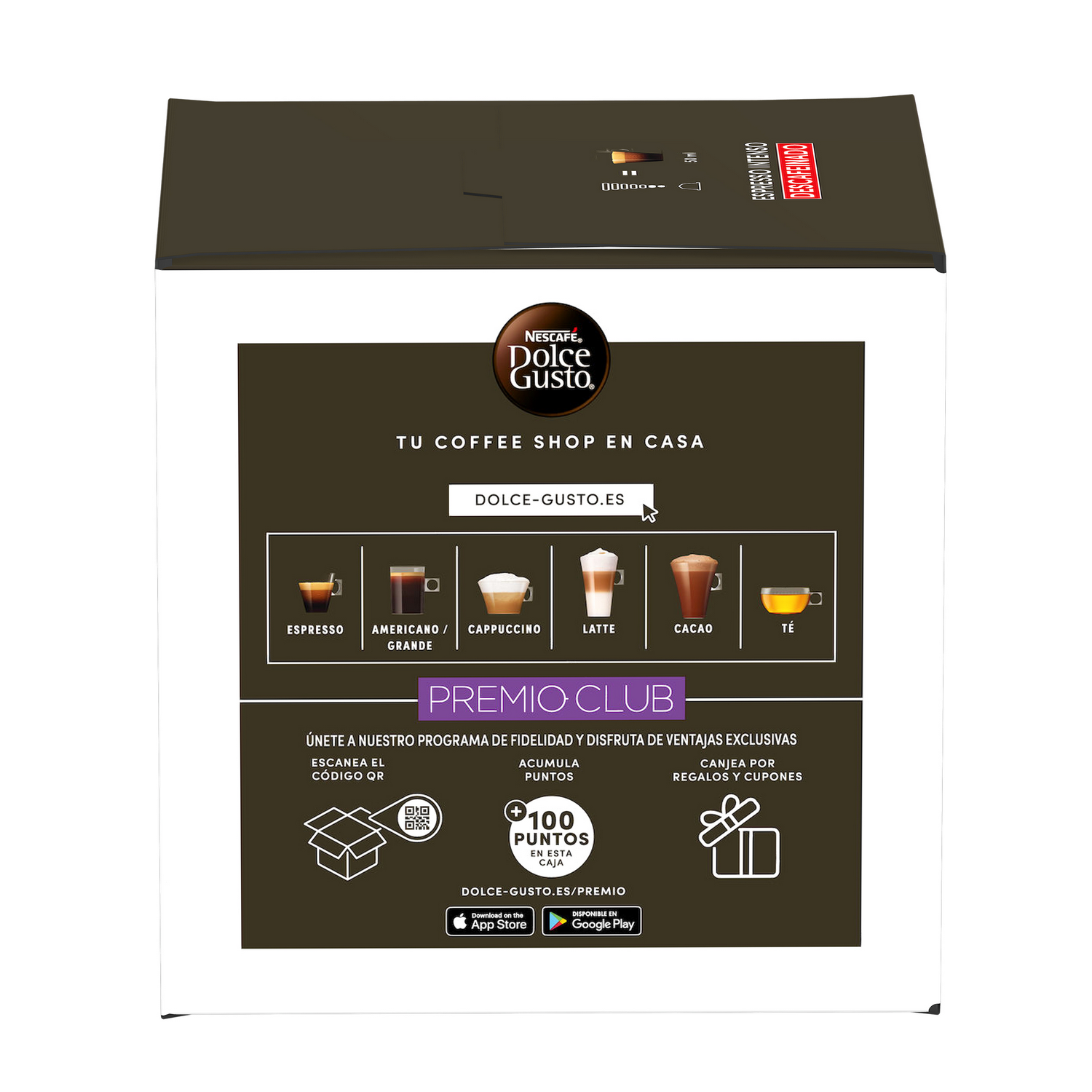 Una caja de Dolce Gusto. Muestra tipos de café, un programa de fidelización y un código QR para escanear. El diseño es blanco y marrón.
