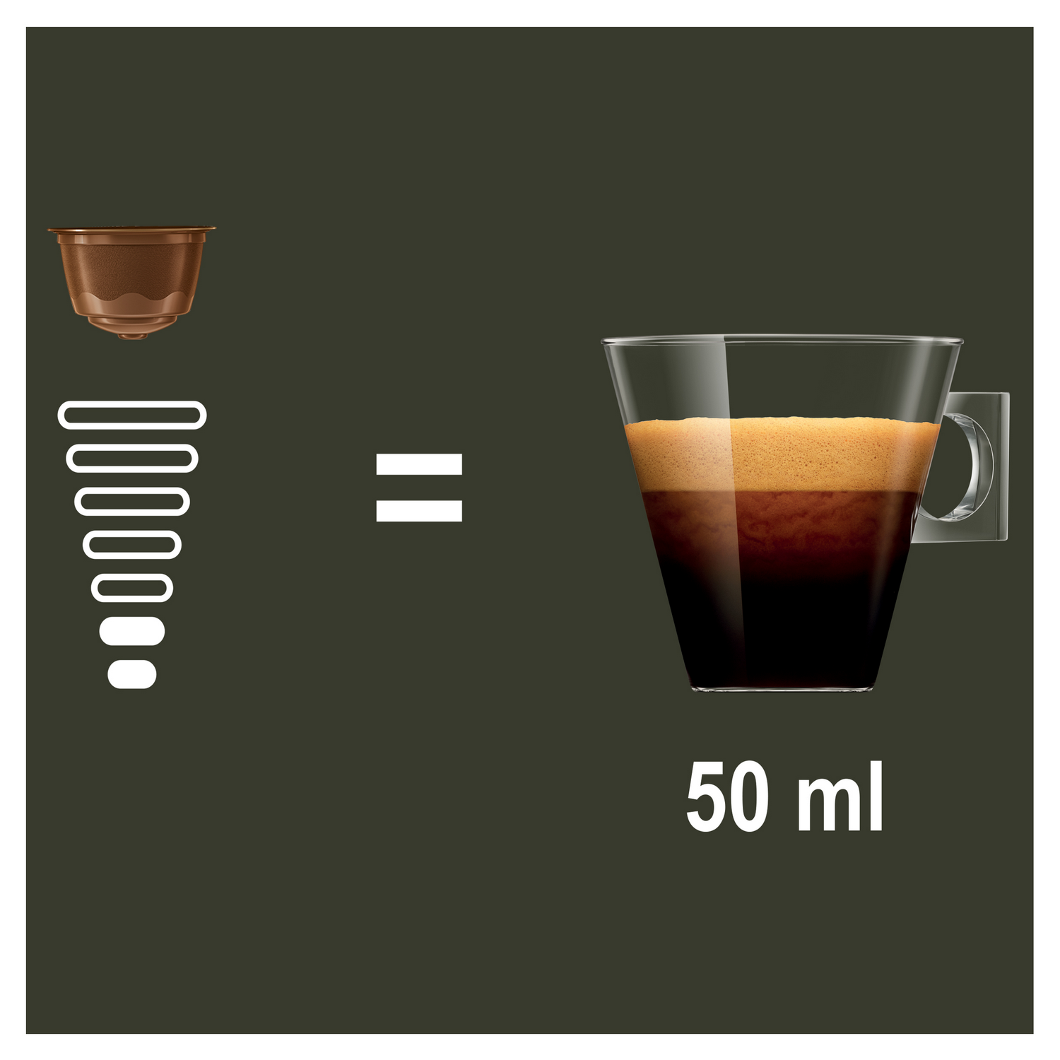 La imagen muestra una cápsula de café, pasos y un espresso de 50 ml en una taza de vidrio. La taza tiene un asa y el café tiene crema.