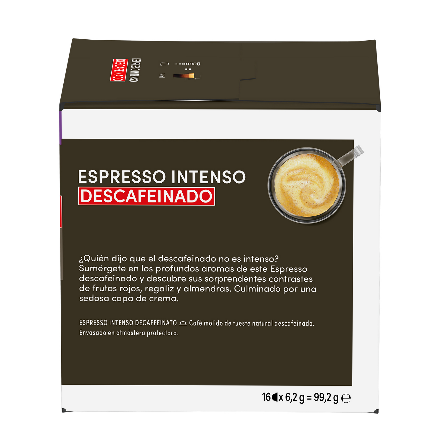 Caja de café Espresso Intenso Descafeinado. Muestra una taza de café con espuma y texto en español que describe el producto.