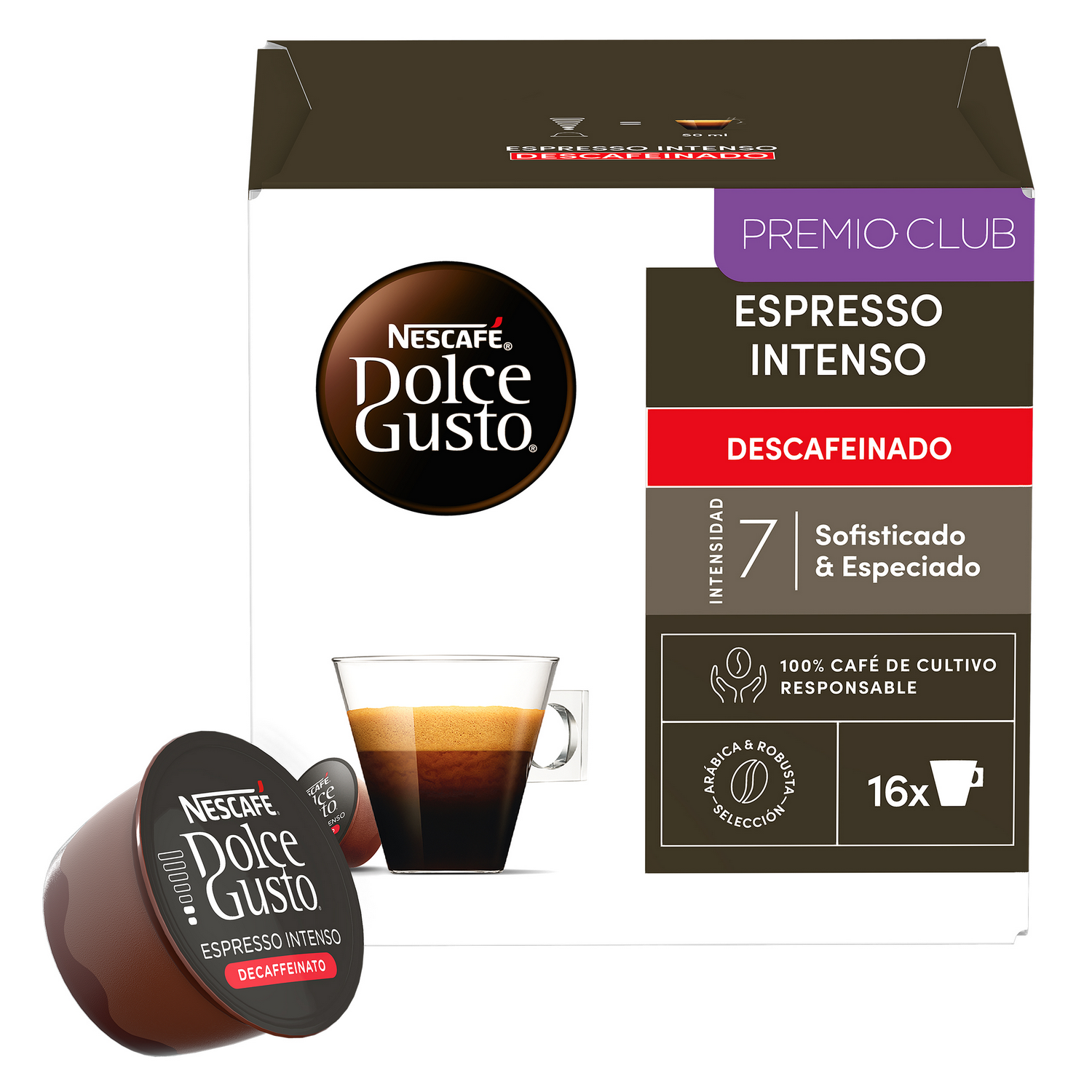 Una caja de Dolce Gusto Espresso Intenso Decaffeinato con cápsulas y una taza de café.