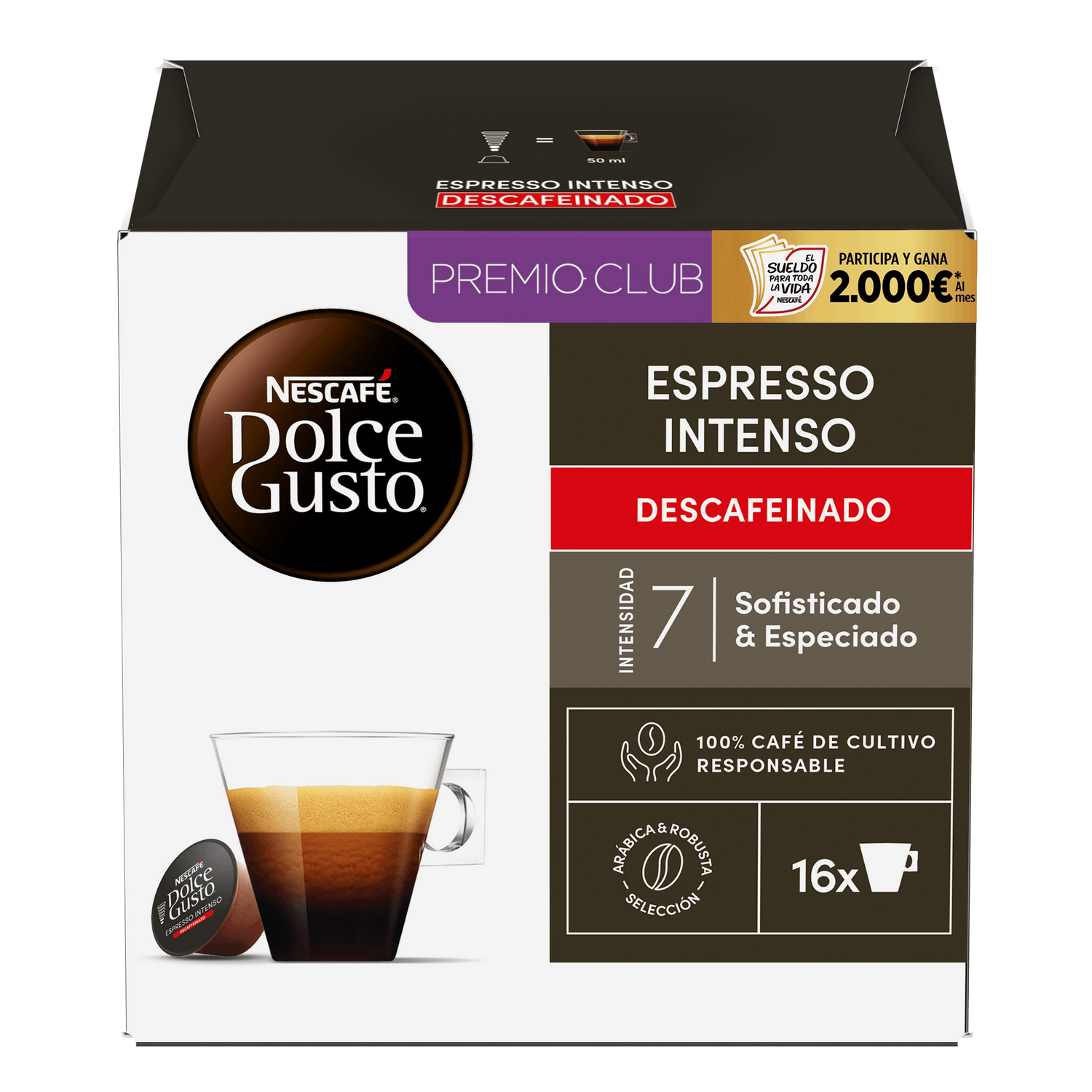 Caja de Nescafe Dolce Gusto Espresso Intenso Descafeinado. Taza de café, cápsula de café y etiquetas de texto visibles.