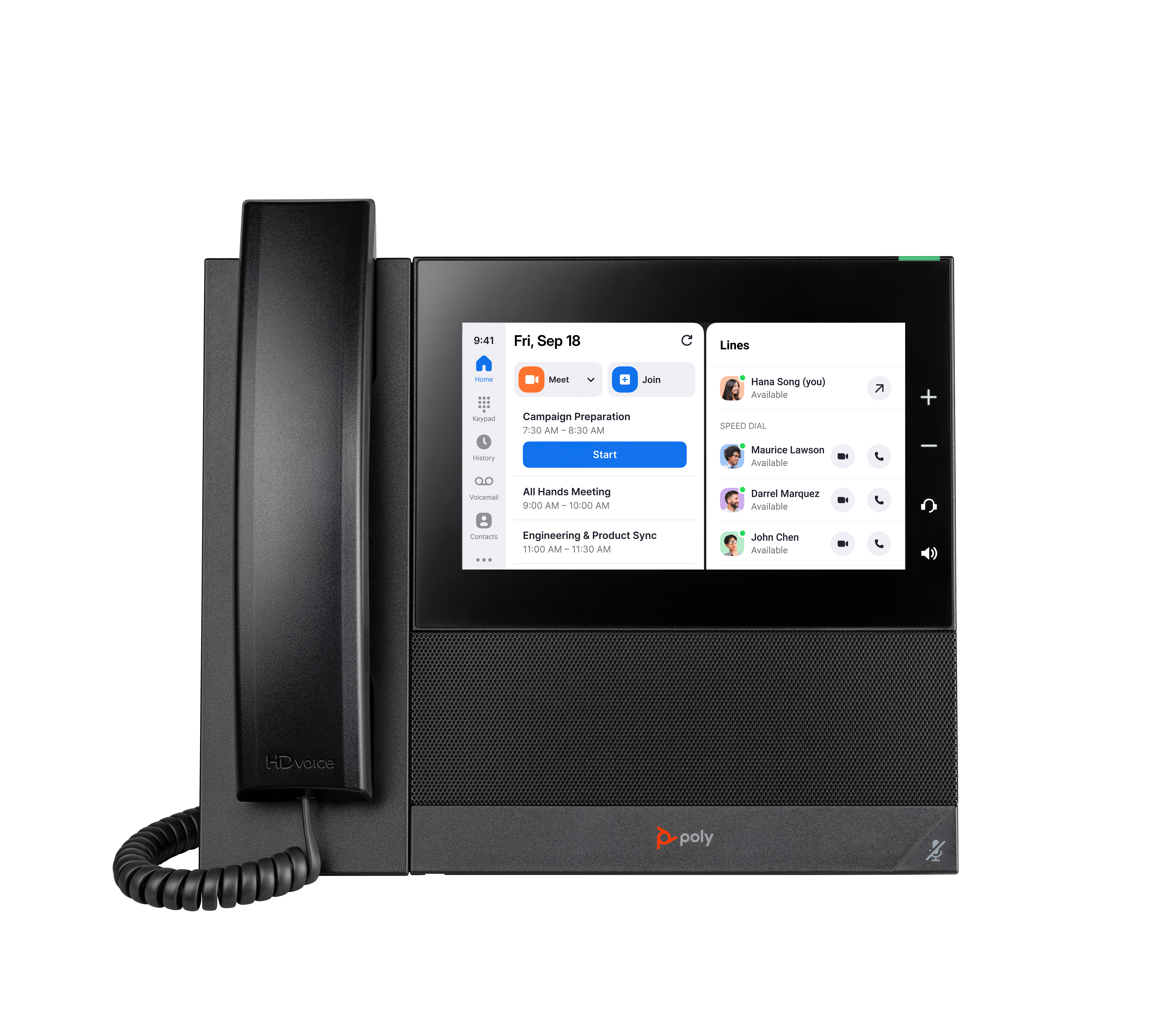 Ein schwarzes Poly-Konferenztelefon zeigt einen Besprechungsplan und Kontaktoptionen auf einem Bildschirm an. Der Hörer befindet sich links.