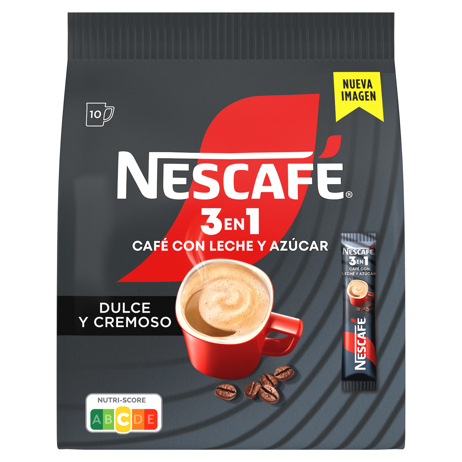 Un paquete de café Nescafe 3 en 1. Presenta una taza de café roja con espuma, granos de café y una bolsita de café sobre un fondo gris.