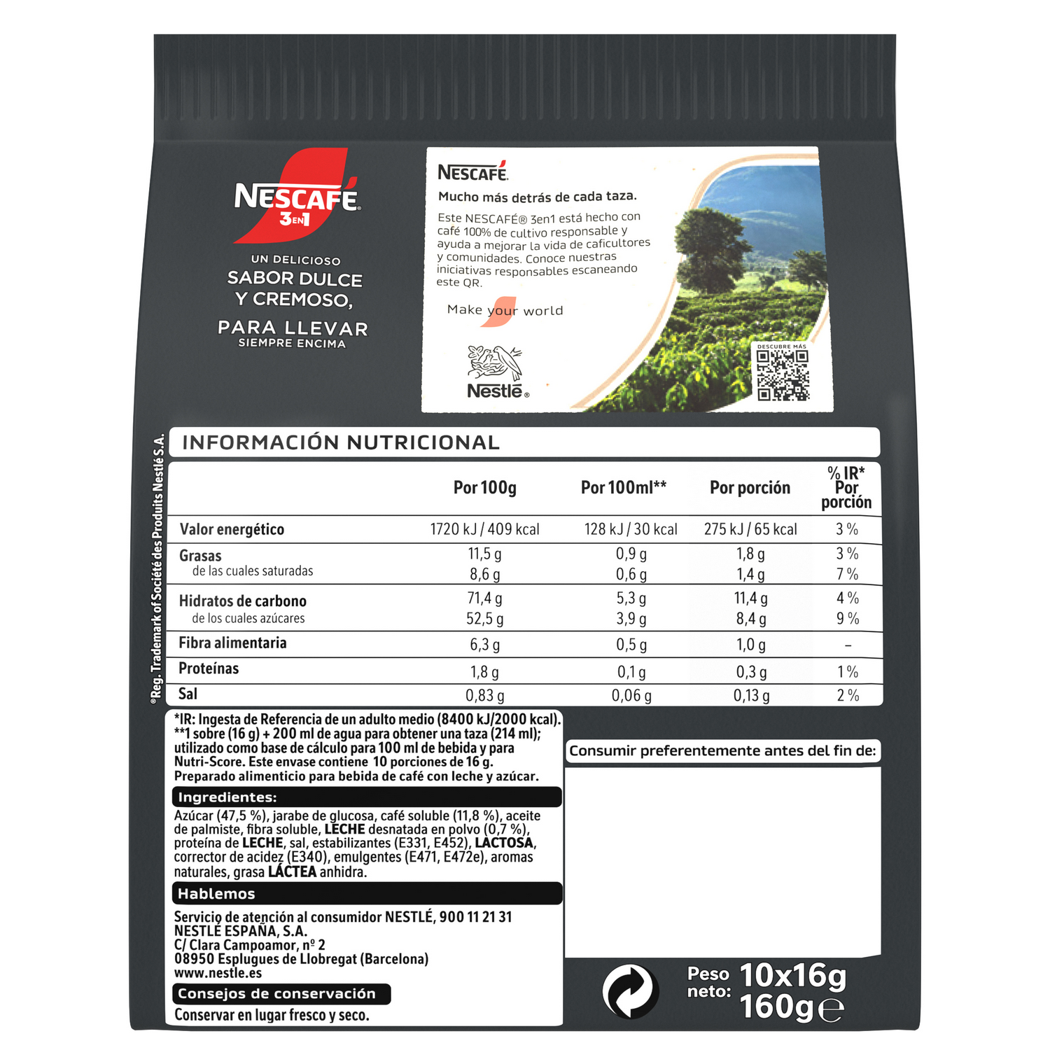 Embalaje del producto Nescafe 3 en 1. Contiene información nutricional, ingredientes y fecha de caducidad.