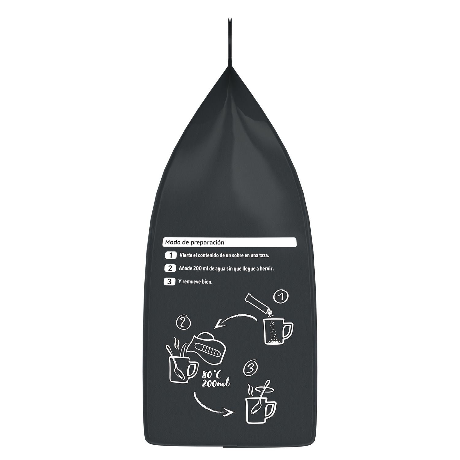 Paquete negro con instrucciones de preparación. Pasos: Verter el contenido, agregar 200 ml de agua, remover. Diagramas muestran verter, temperatura y remover.