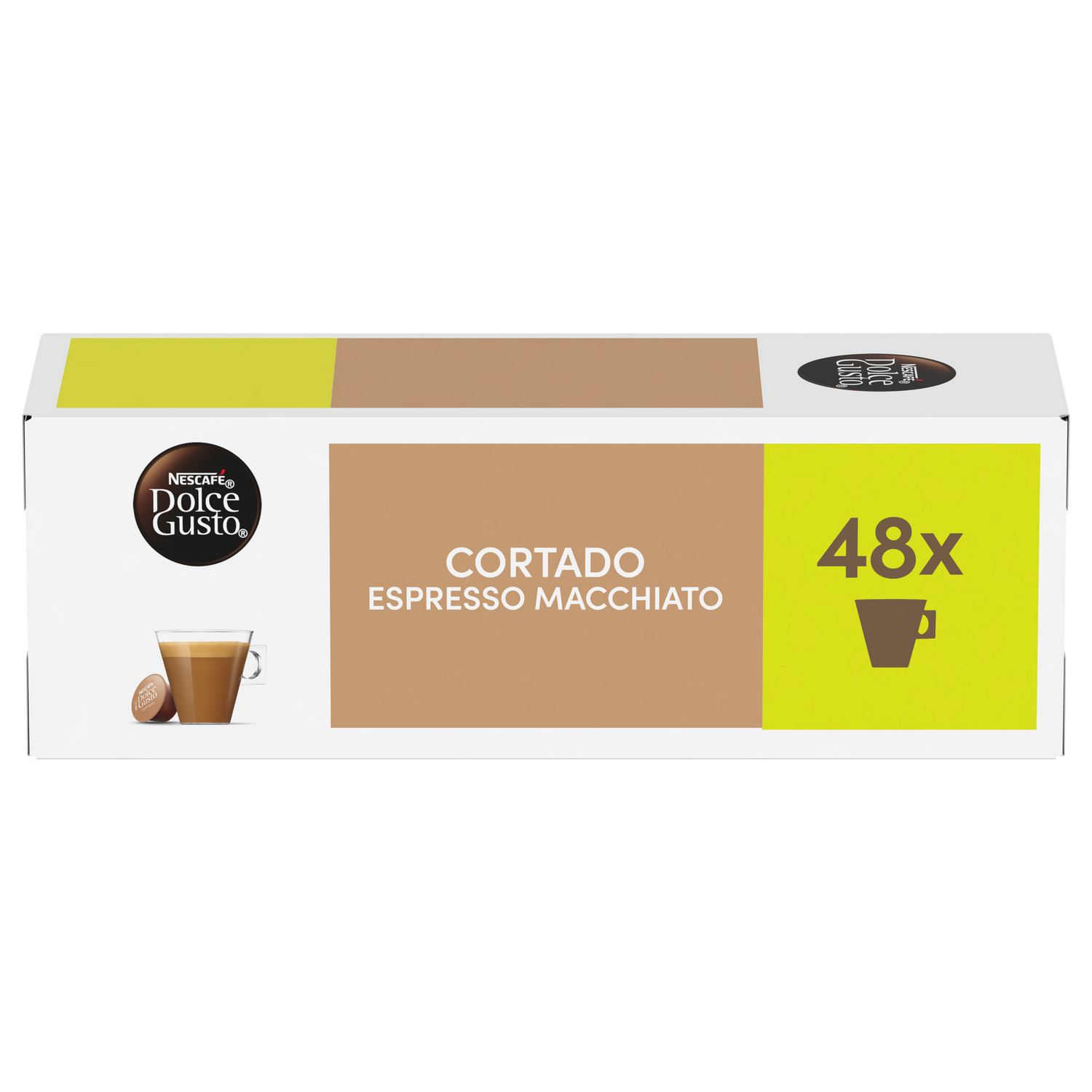 Caja de cápsulas Dolce Gusto Cortado Espresso Macchiato. Contiene 48 cápsulas. Presenta imagen de taza y marca del producto.