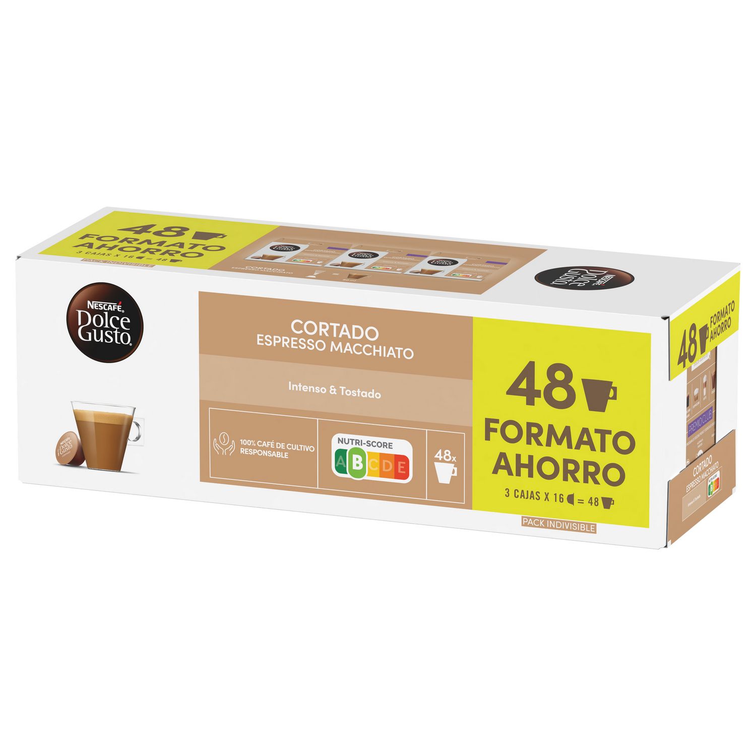 Una caja de cápsulas Dolce Gusto Cortado Espresso Macchiato. Tiene una imagen de taza de café, con el texto '48 FORMATO AHORRO'.