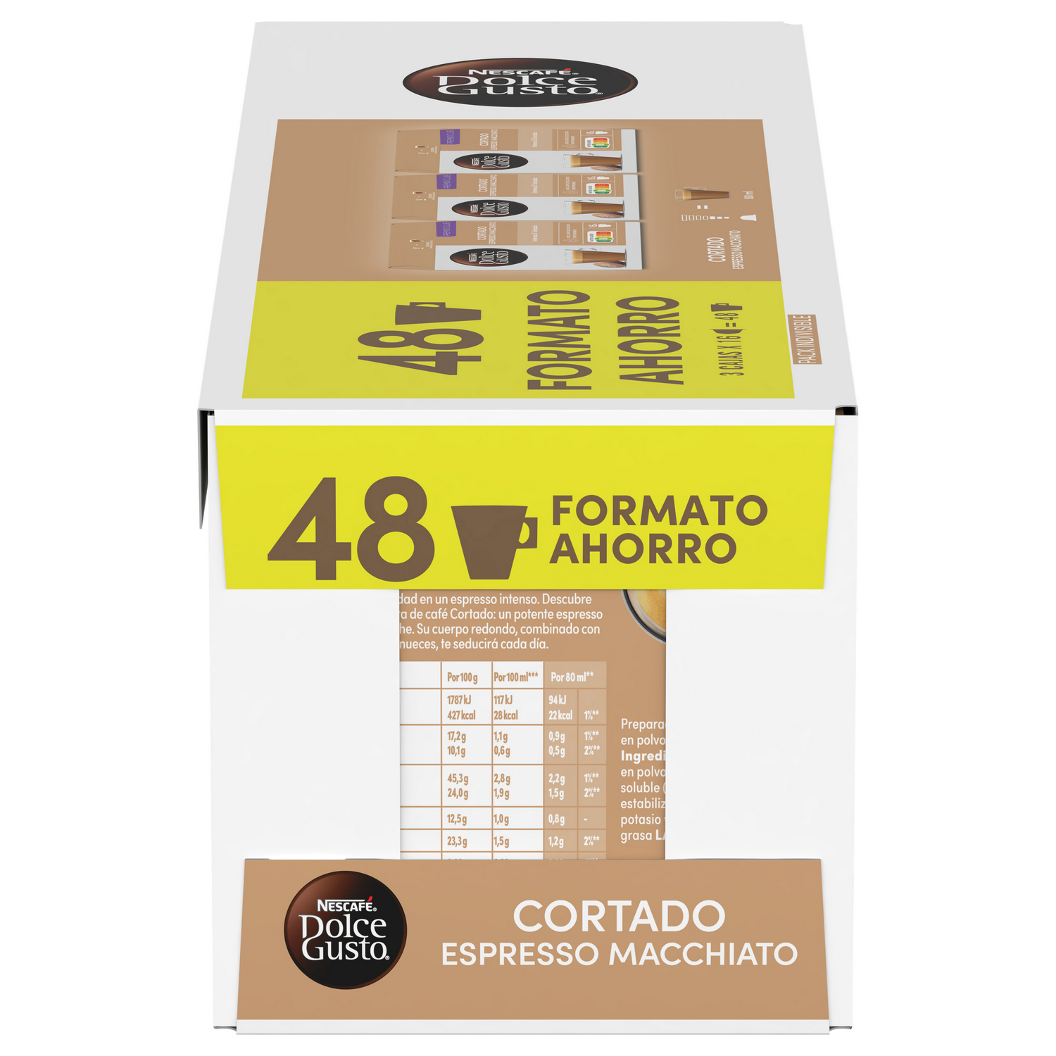 Una caja de cápsulas Nescafe Dolce Gusto Cortado Espresso Macchiato. La caja es blanca y marrón, con texto y gráficos.