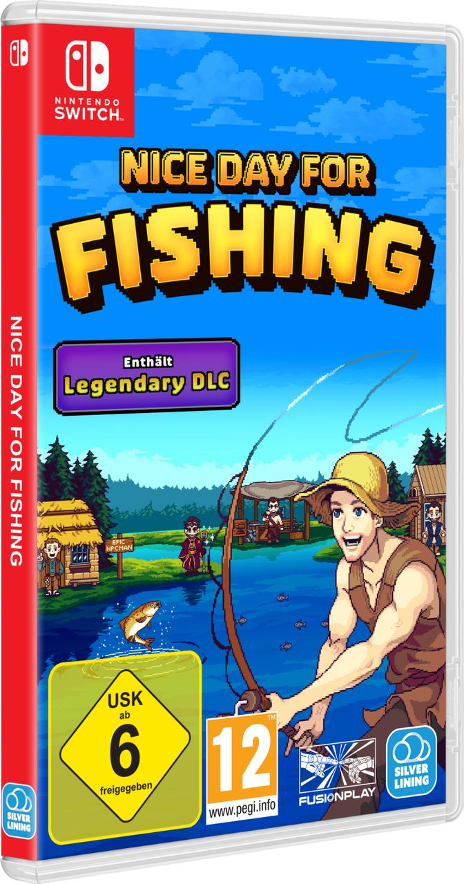 Spiel-Box-Art für Nintendo Switch: "Nice Day For Fishing". Ein Mann fischt; Hintergrund zeigt See, Bäume und Gebäude.