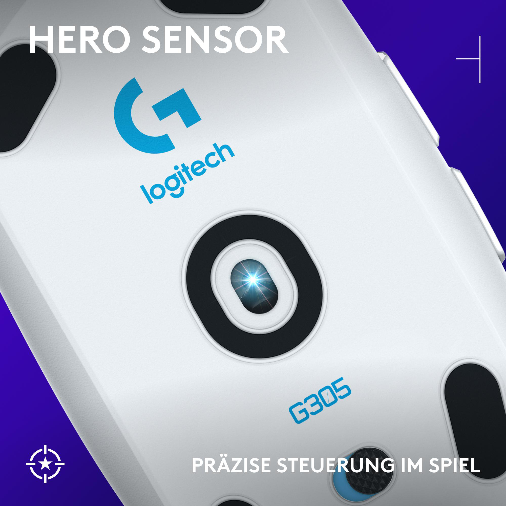 Nahaufnahme einer weißen Logitech G305 Maus. Logos, Text und Sensor sind sichtbar. Ein blau-violetter Hintergrund.