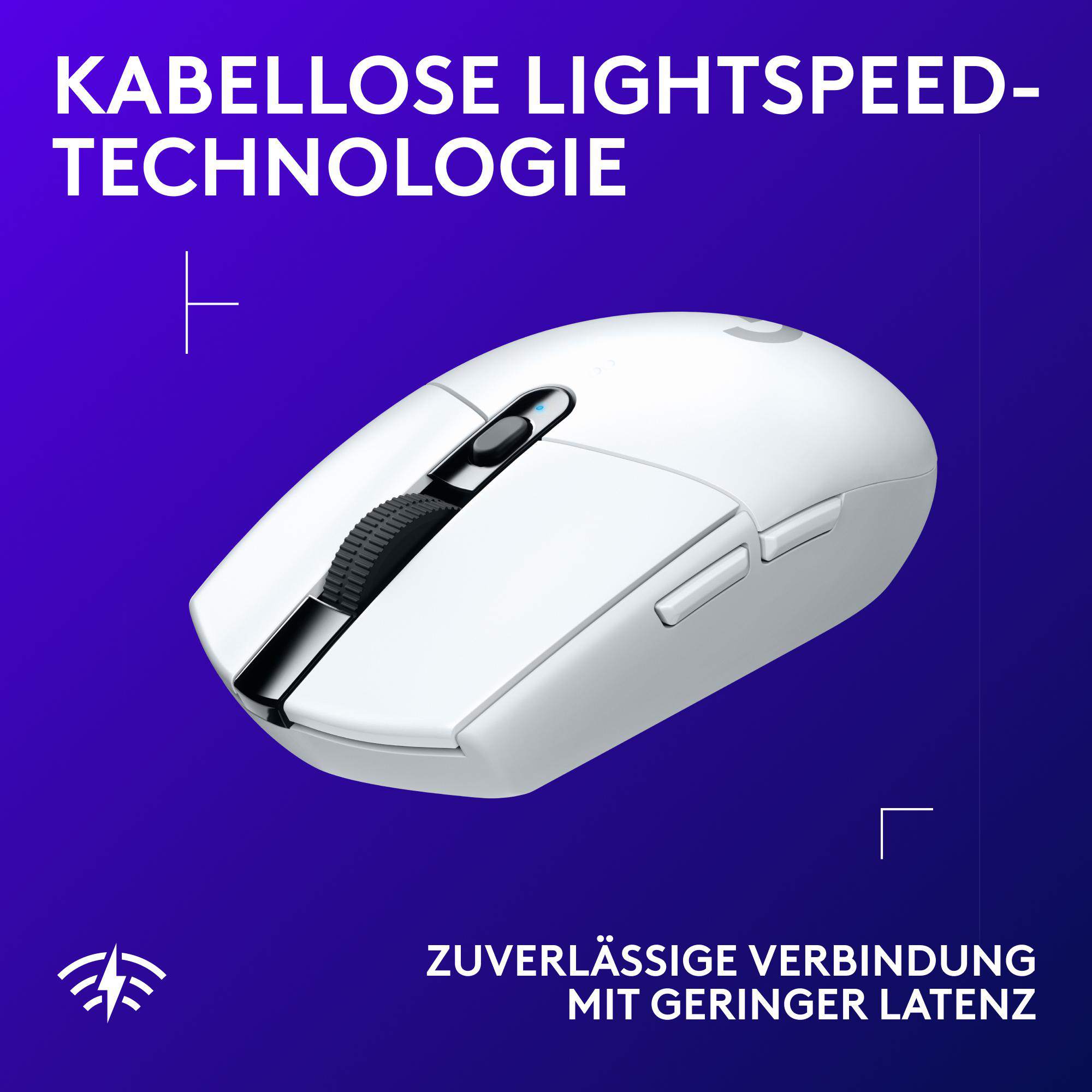 Eine weiße kabellose Maus auf blauem Hintergrund. Text: 'Kabellose Lightspeed Technologie' und 'Zuverlässige Verbindung'.