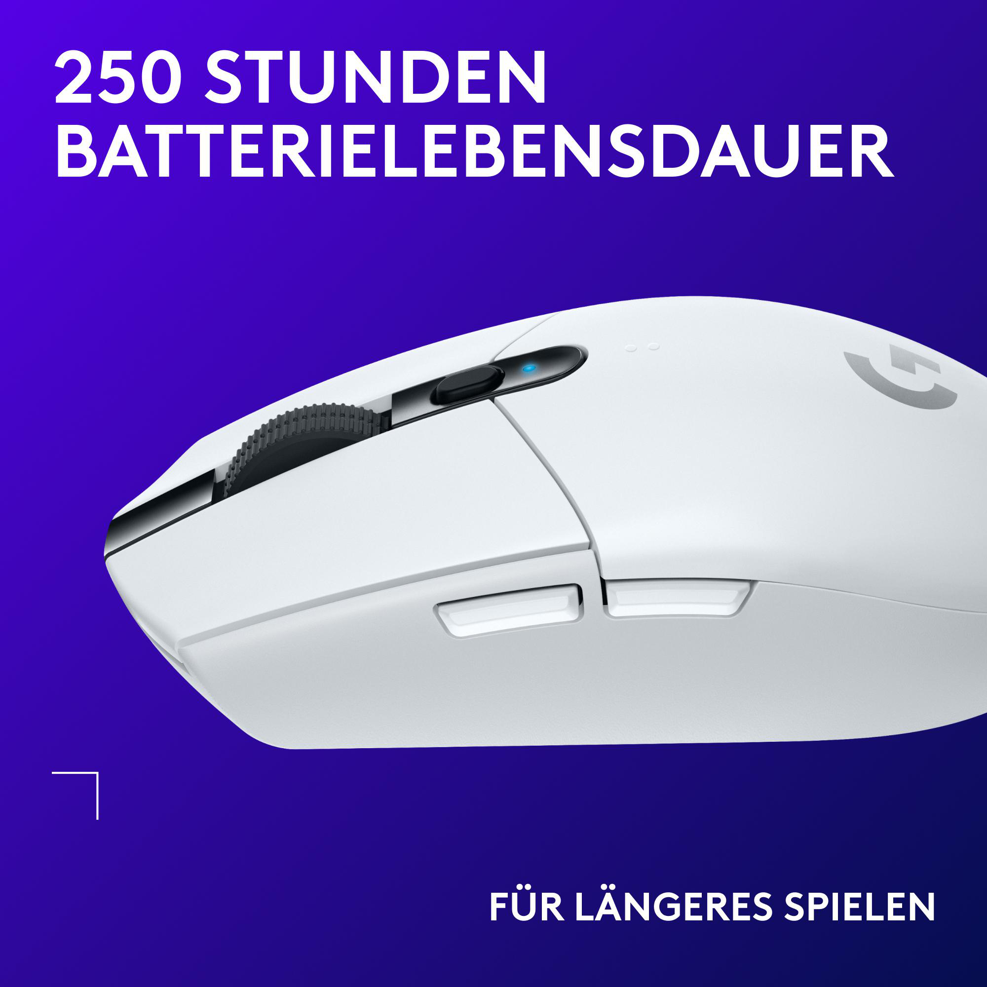 Weiße, kabellose Maus mit Scrollrad und blauer LED, vor lila Hintergrund, Text: 250 Stunden Akku.