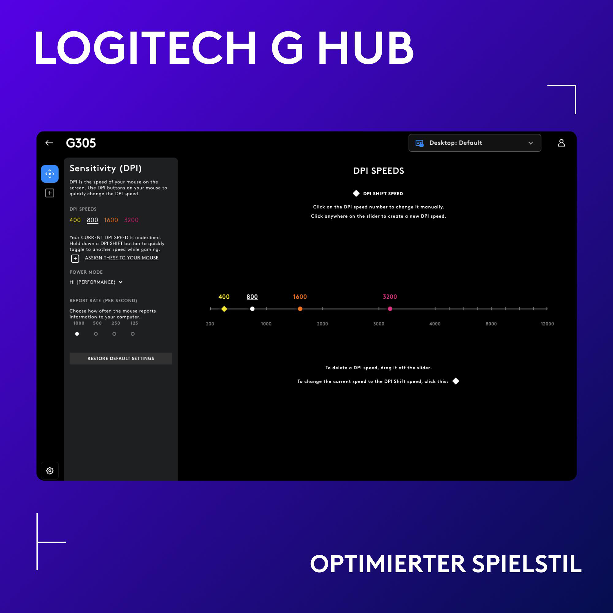 Logitech G Hub-Oberfläche mit DPI-Einstellungen für die G305-Maus. Optionen umfassen DPI-Geschwindigkeiten, einen Schieberegler und Energieeinstellungen.