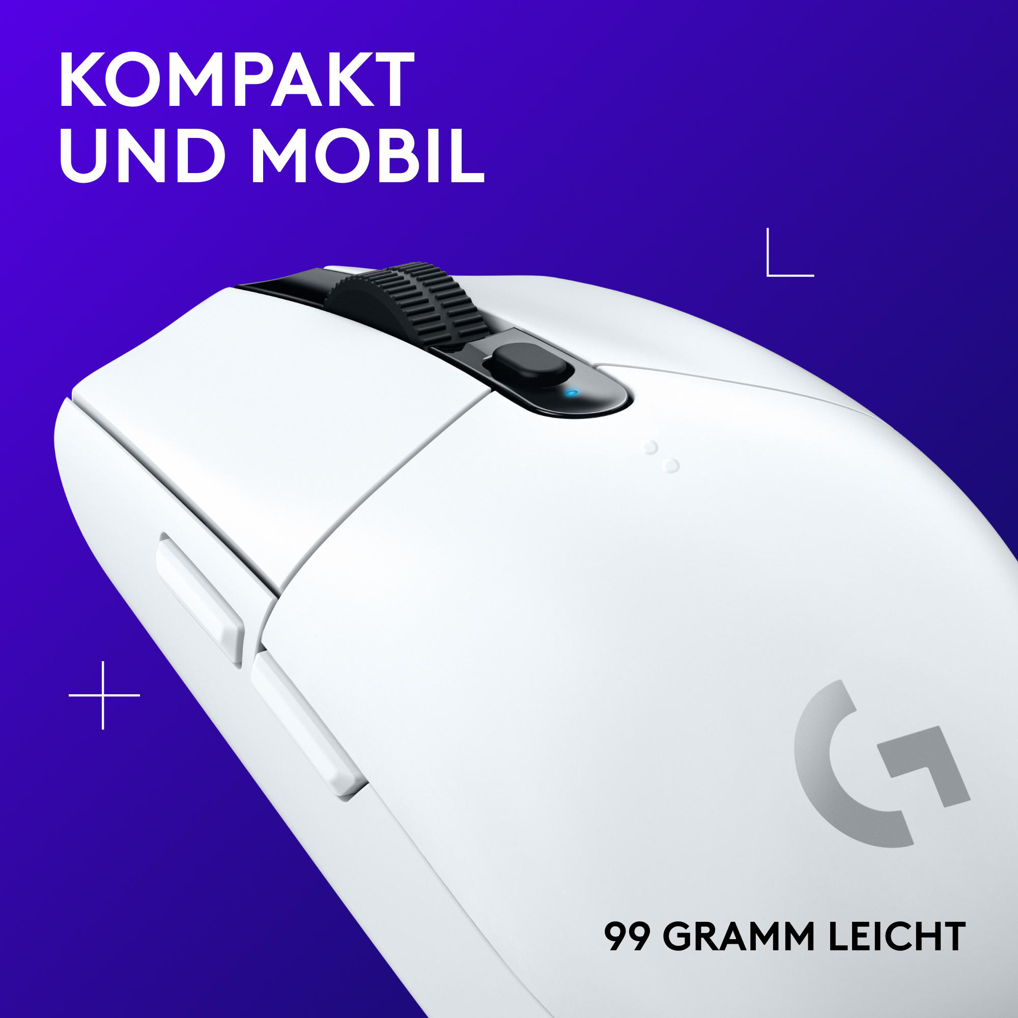 Weiße kabellose Maus auf lila Hintergrund. Text sagt 'KOMPAKT UND MOBIL' und '99 GRAMM LEICHT'.