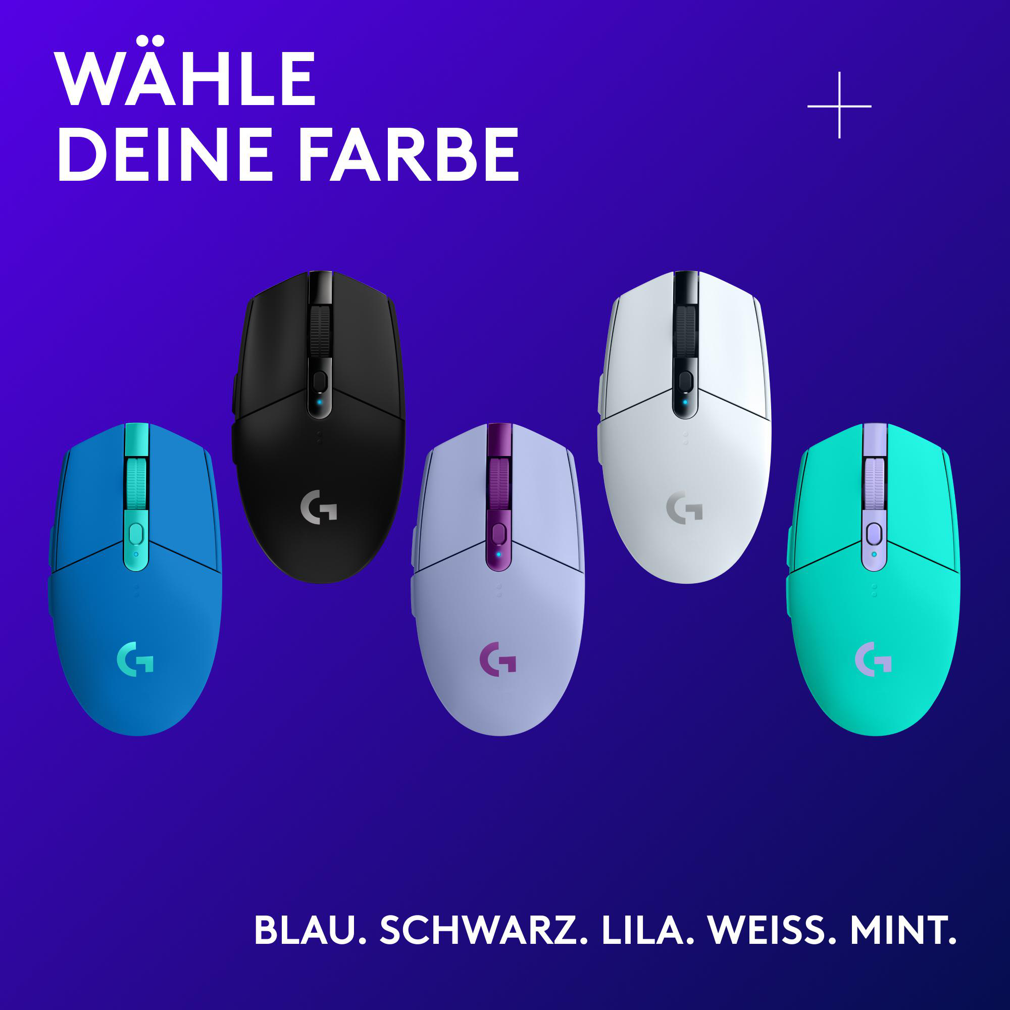 Das Bild zeigt fünf Computermäuse in Blau, Schwarz, Lila, Weiß und Mint, mit dem Text 'WÄHLE DEINE FARBE' und Farbnahmen.