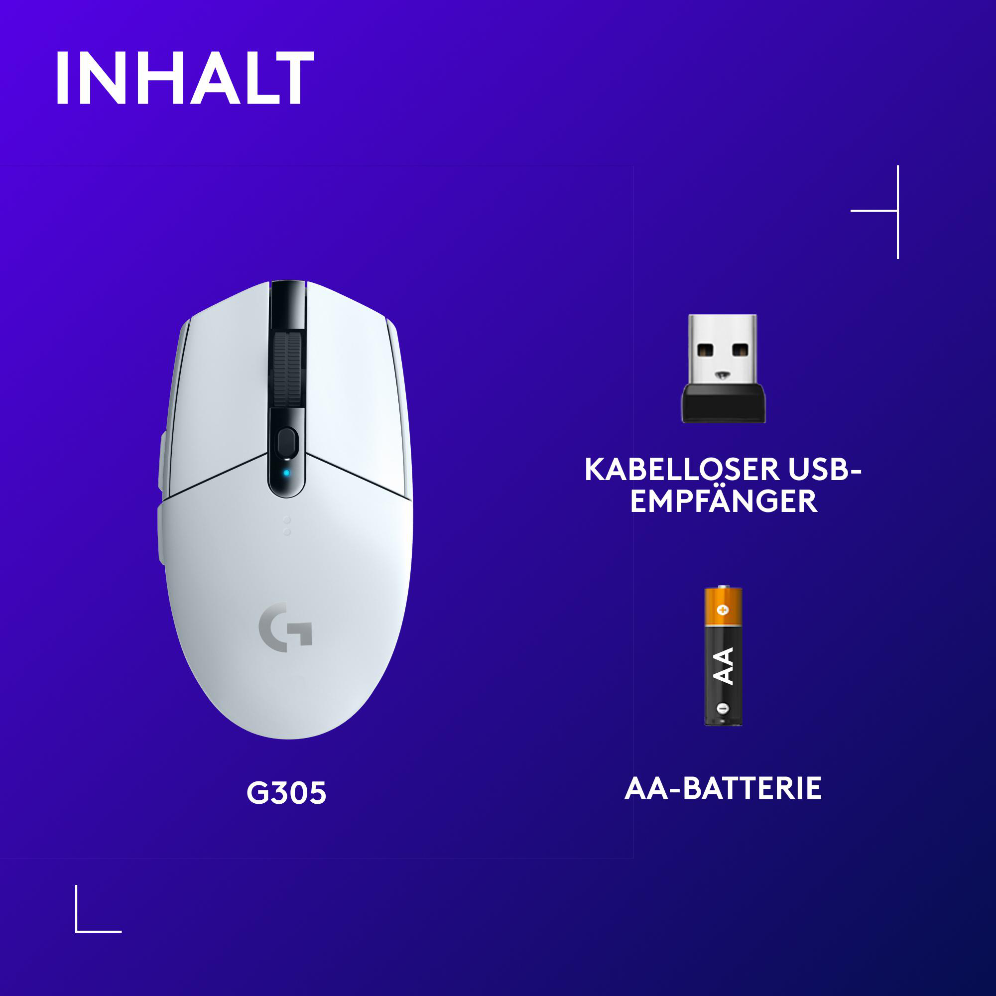 Das Bild zeigt eine weiße Logitech G305-Maus, einen USB-Empfänger und eine AA-Batterie auf blauem Grund.